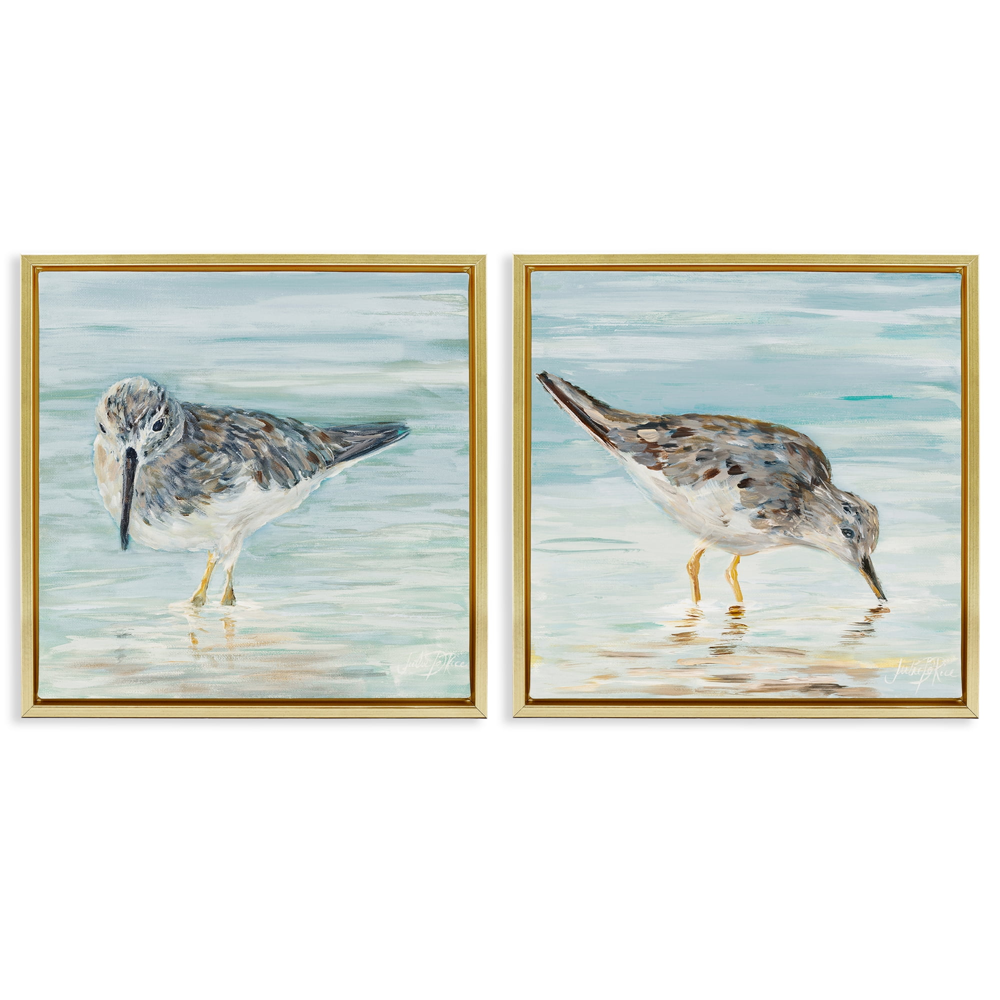 Stupell Industries Piping Plover Shoreline Birds Animals Painting Gold Floater Framed Canvas Art Print Wall Art, 18 x 18, Set of 2