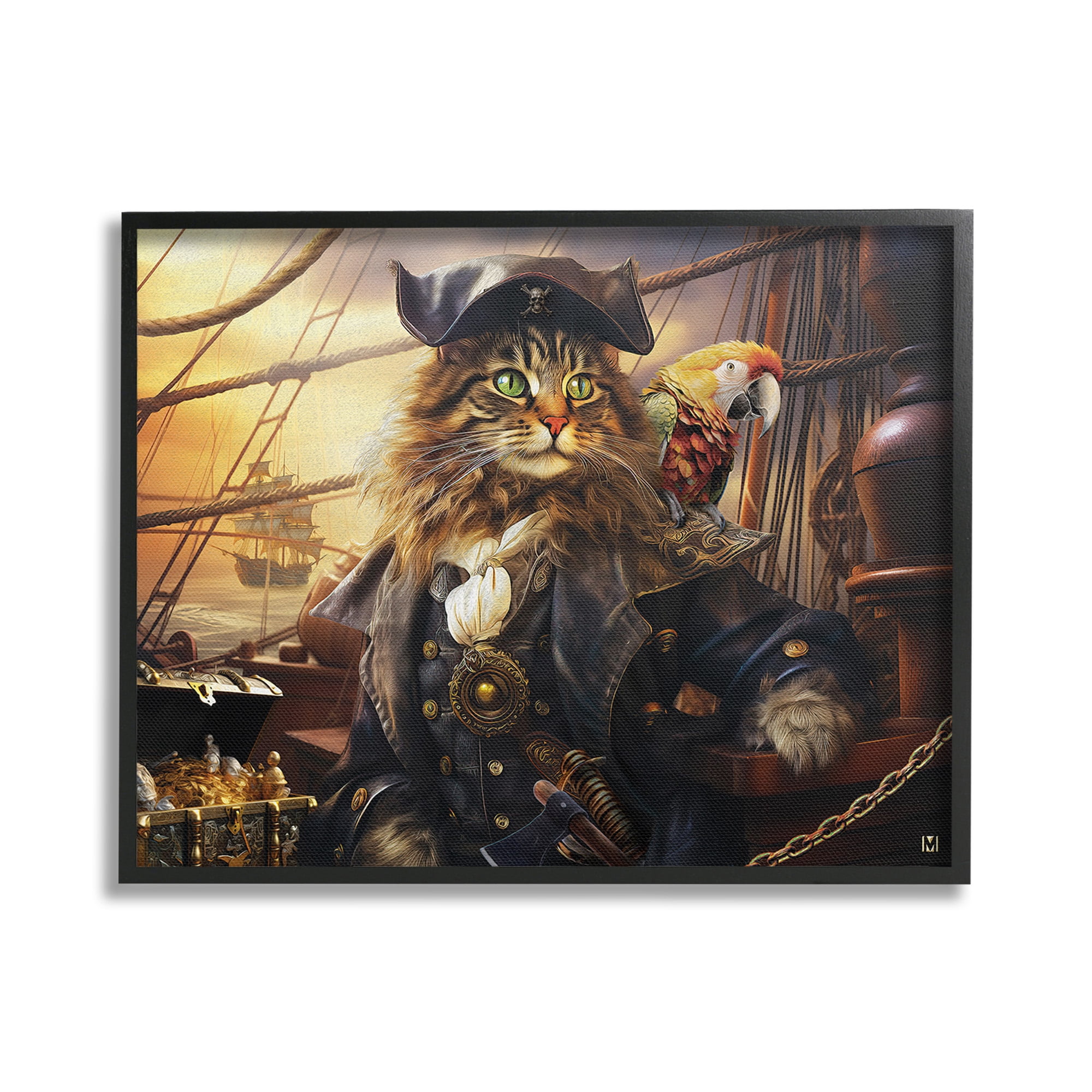 Stupell Industries Pirate Cat on Ship Animals & Insects Painting Black Framed Art Print Wall Art, 20 x 16