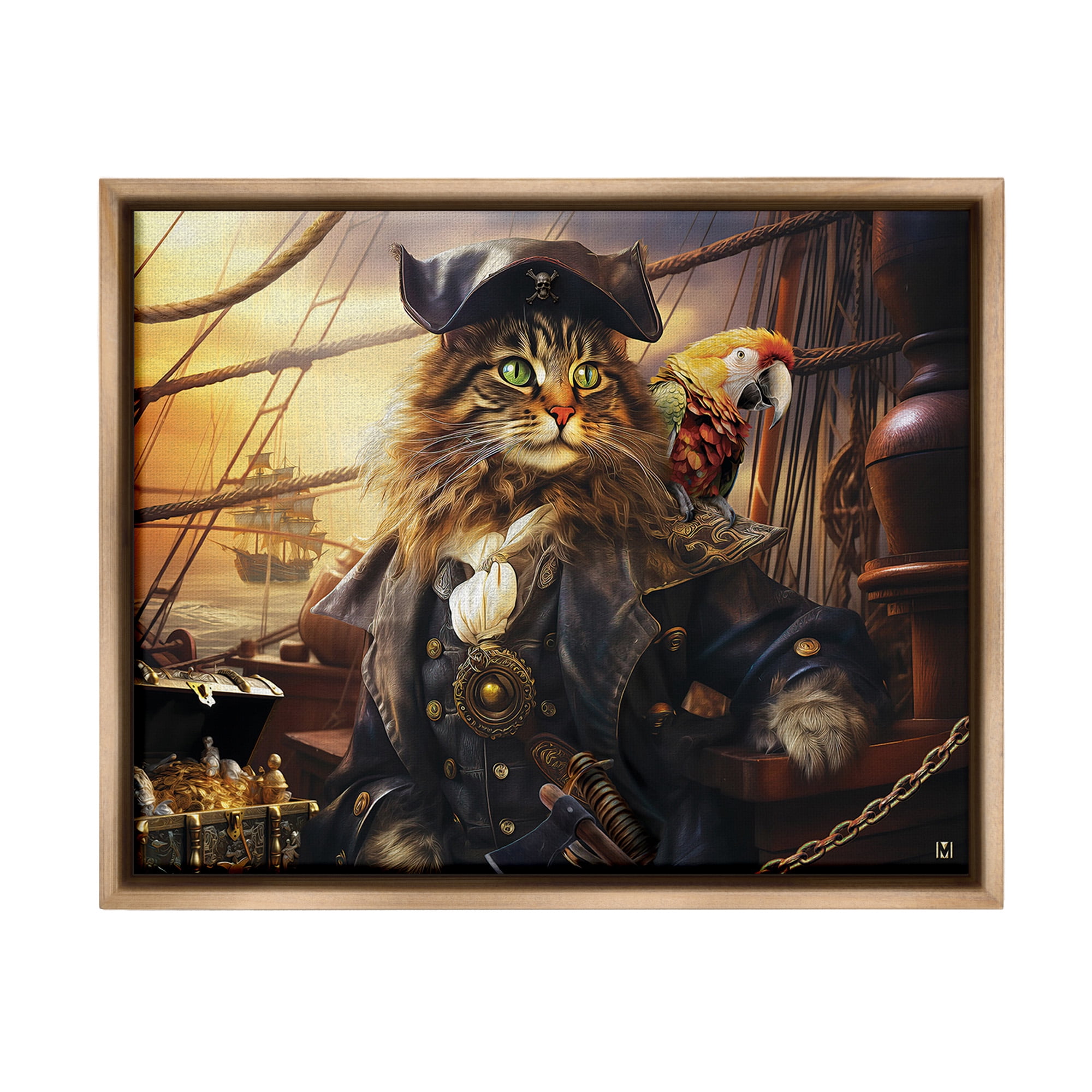 Stupell Industries Pirate Cat on Ship Animals & Insects Painting Brown Floater Framed Canvas Art Print Wall Art, 21 x 17