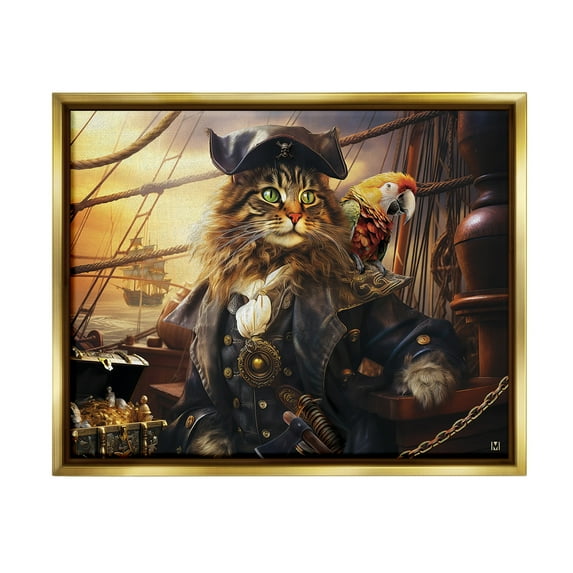 Stupell Industries Pirate Cat on Ship Animals & Insects Painting Gold Floater Framed Canvas Art Print Wall Art, 21 x 17