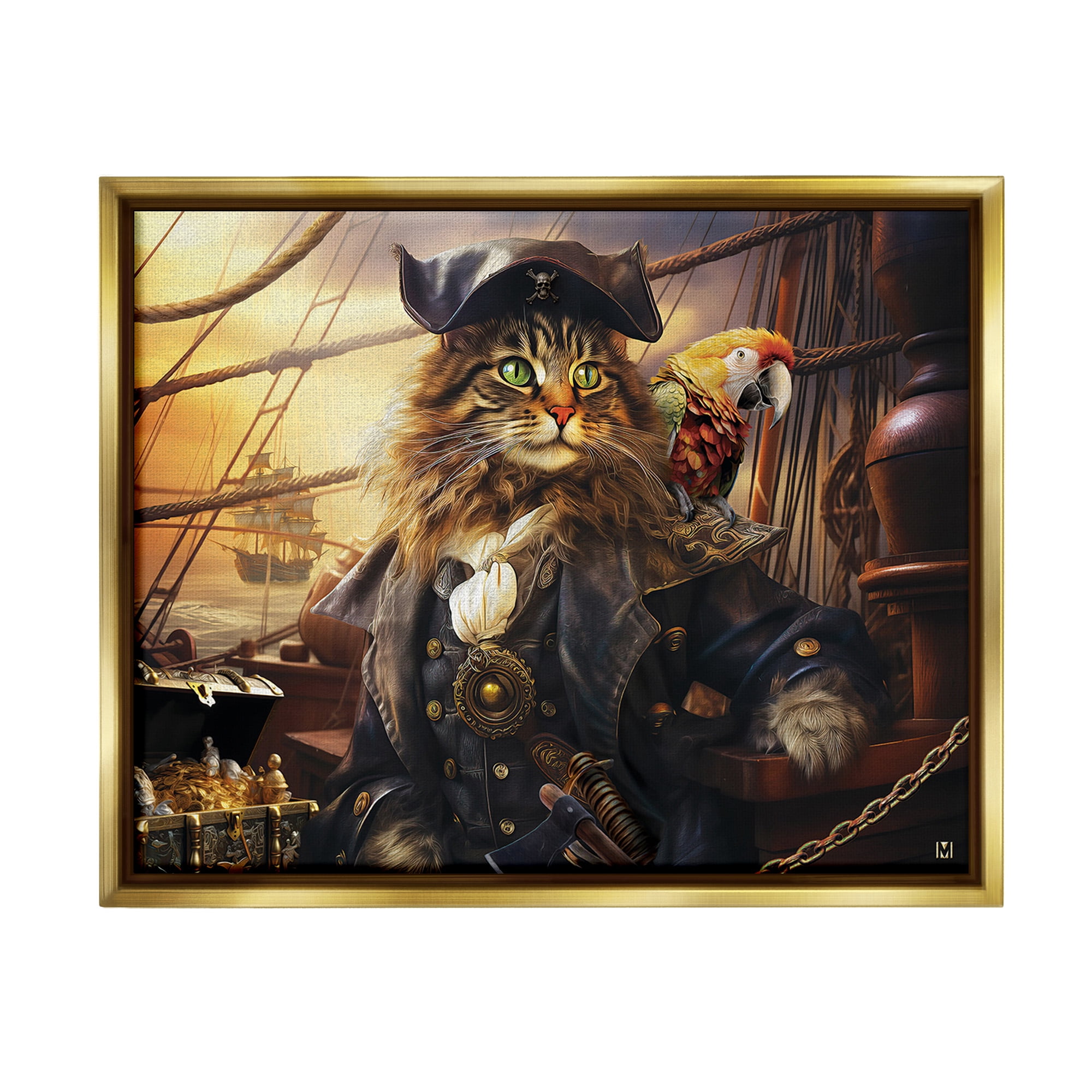 Stupell Industries Pirate Cat on Ship Animals & Insects Painting Gold Floater Framed Canvas Art Print Wall Art, 31 x 25