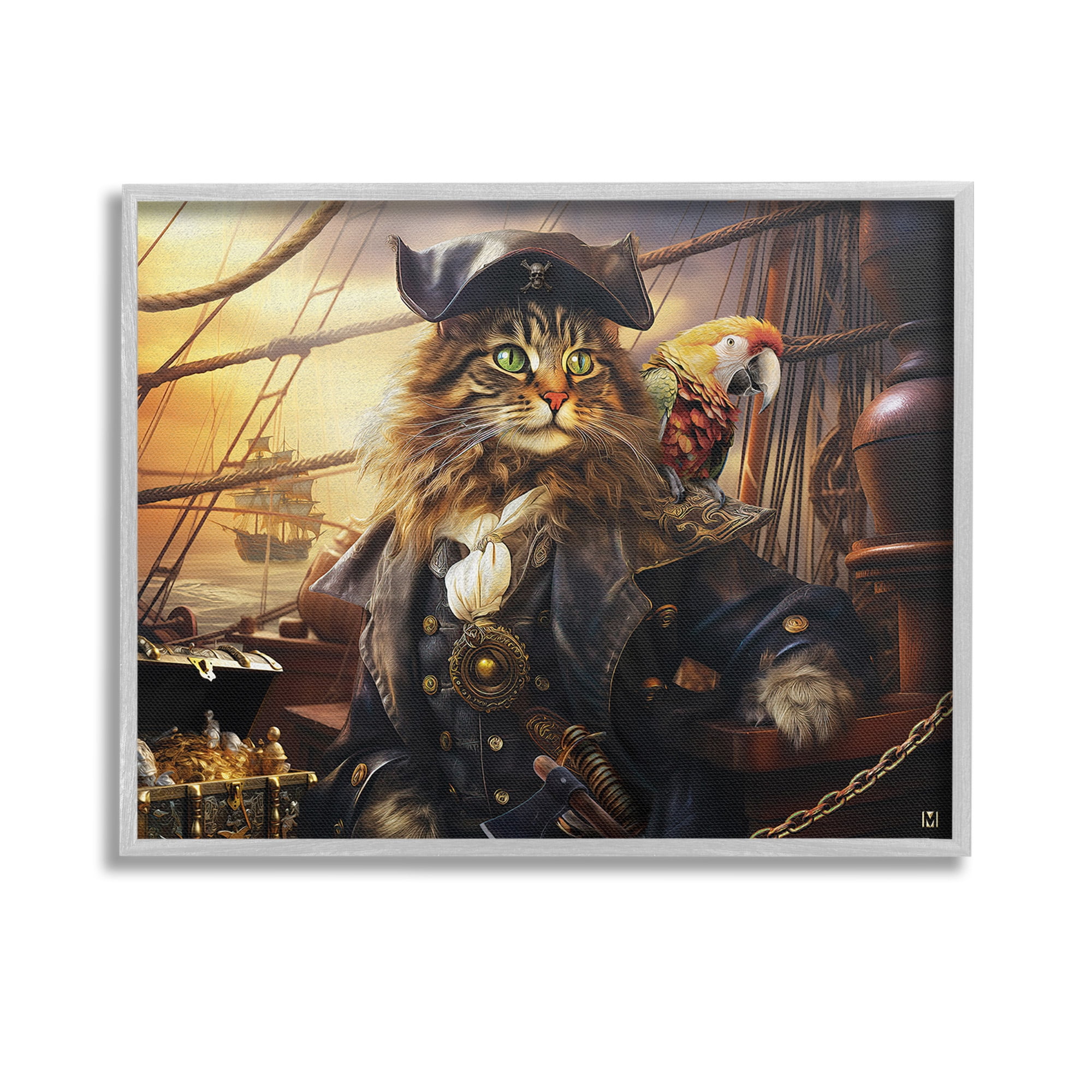 Stupell Industries Pirate Cat on Ship Animals & Insects Painting Gray Framed Art Print Wall Art, 14 x 11