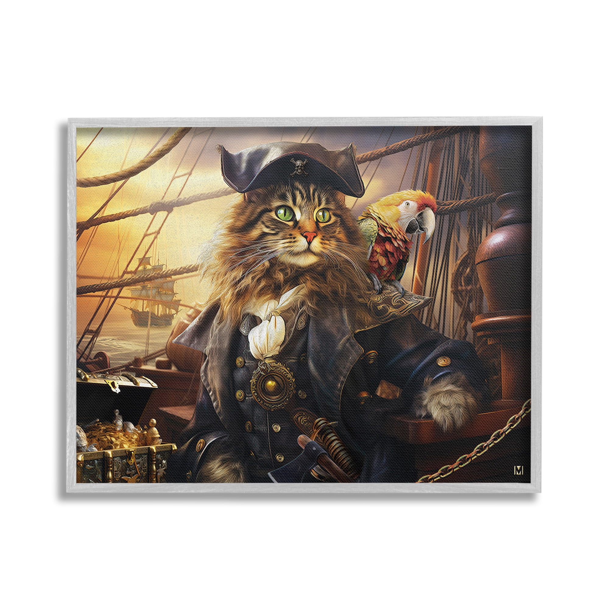Stupell Industries Pirate Cat on Ship Animals & Insects Painting Gray Framed Art Print Wall Art, 30 x 24