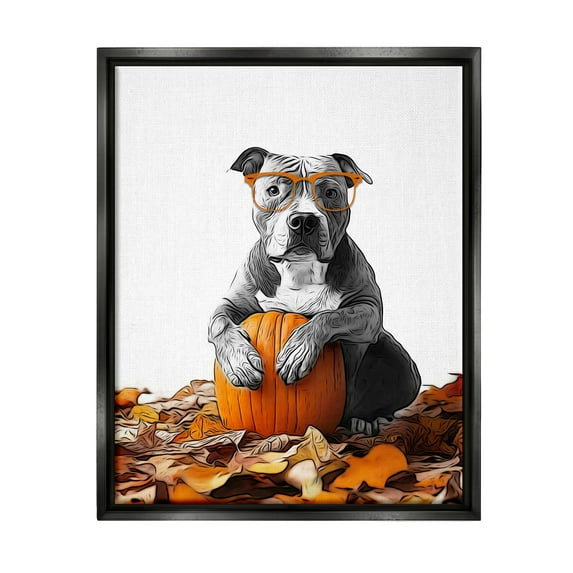 Stupell Industries Pit Bull Autumn Leaves Holiday Painting Black Floater Framed Canvas Art Print Wall Art, 17 x 21