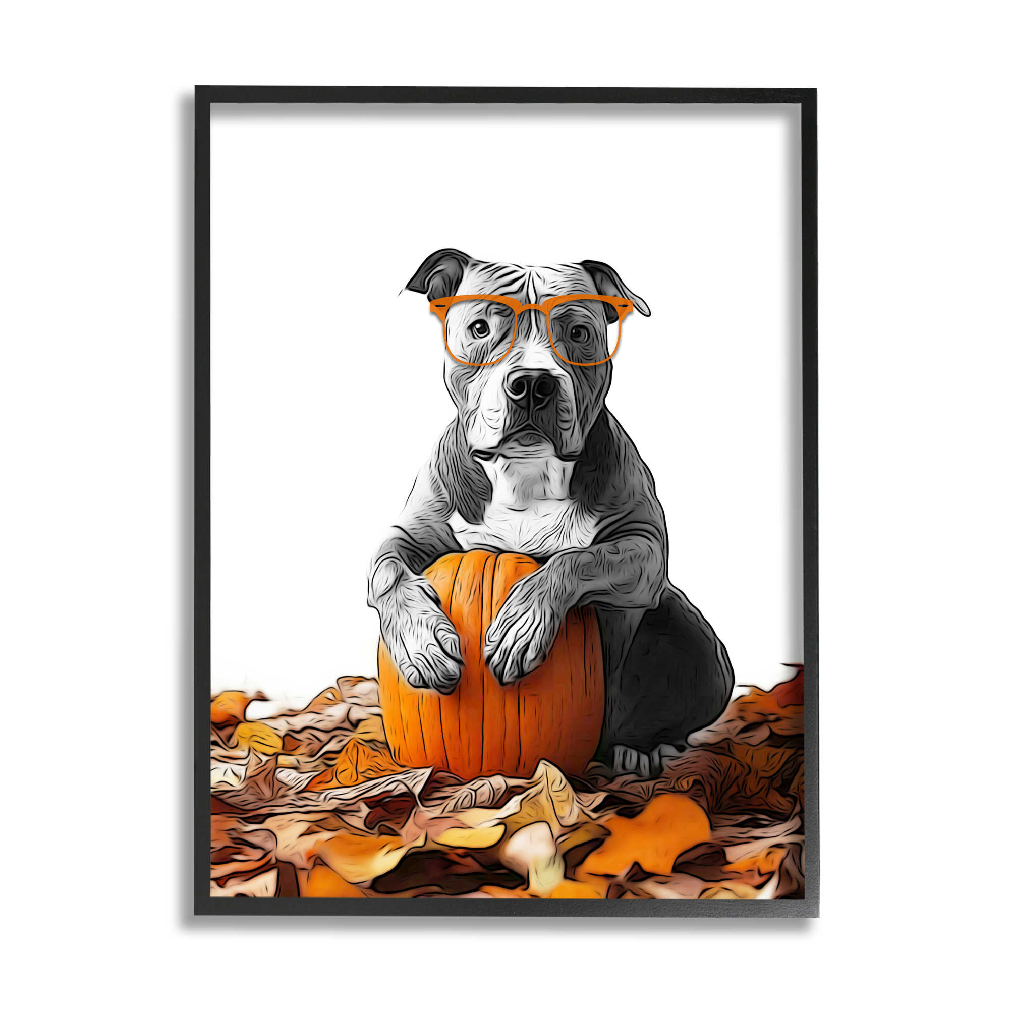 Stupell Industries Pit Bull Autumn Leaves Holiday Painting Black Framed Art Print Wall Art, 16 x 20