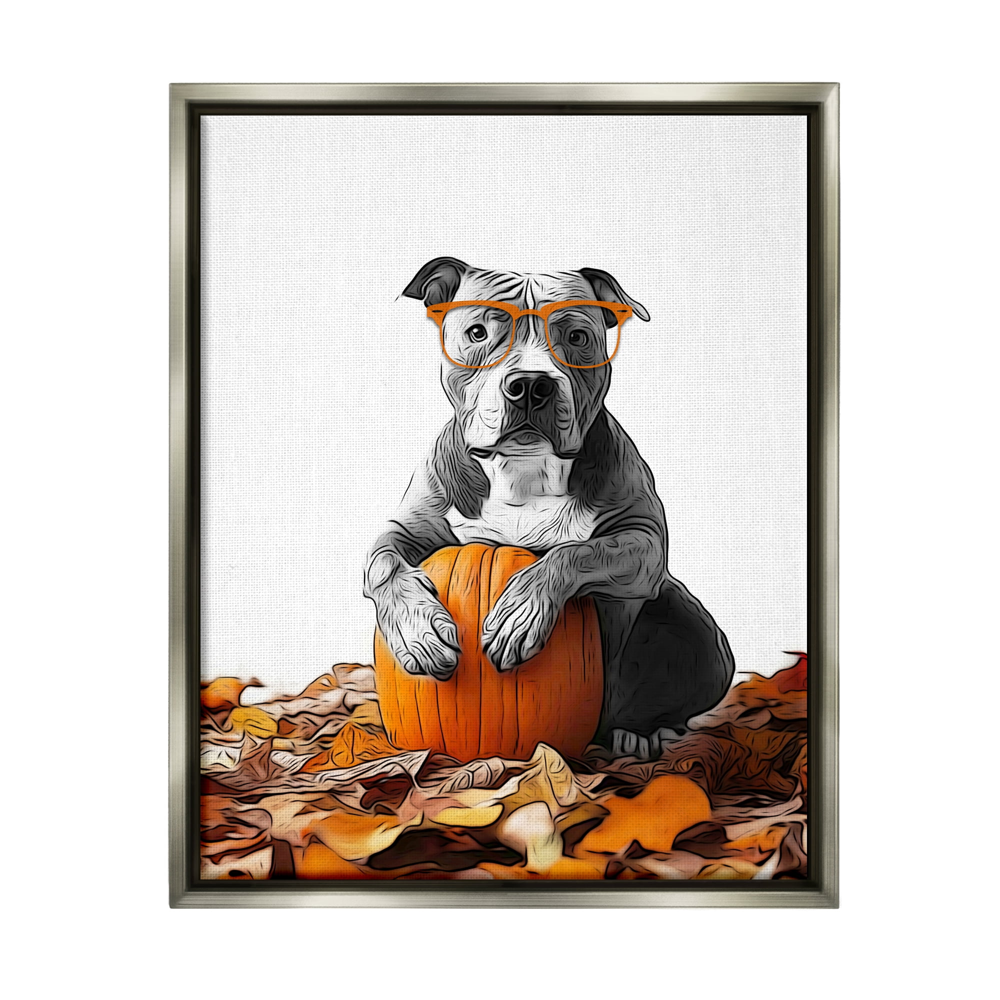 Stupell Industries Pit Bull Autumn Leaves Holiday Painting Gray Floater Framed Canvas Art Print Wall Art, 17 x 21