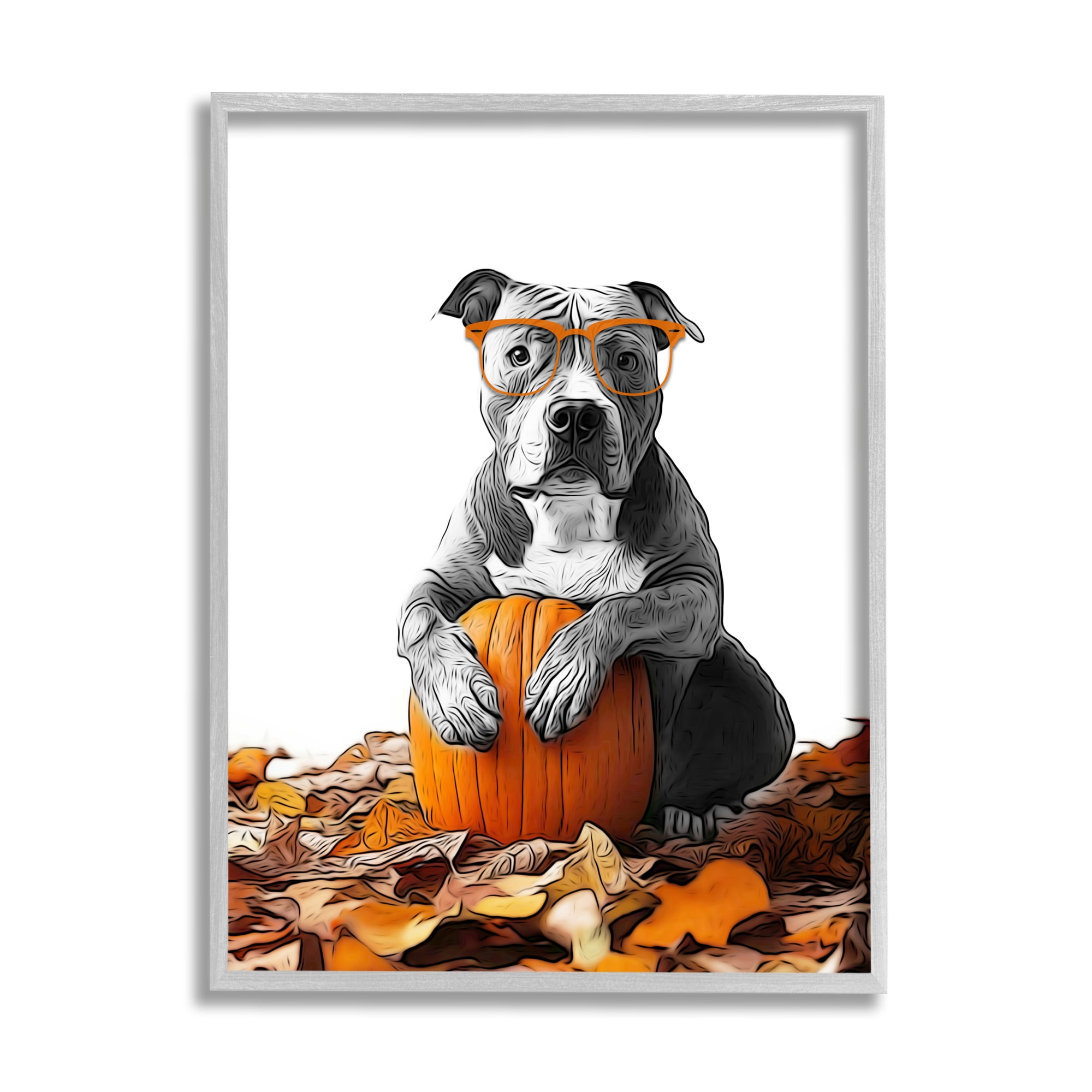 Stupell Industries Pit Bull Autumn Leaves Holiday Painting Gray Framed Art Print Wall Art, 24 x 30