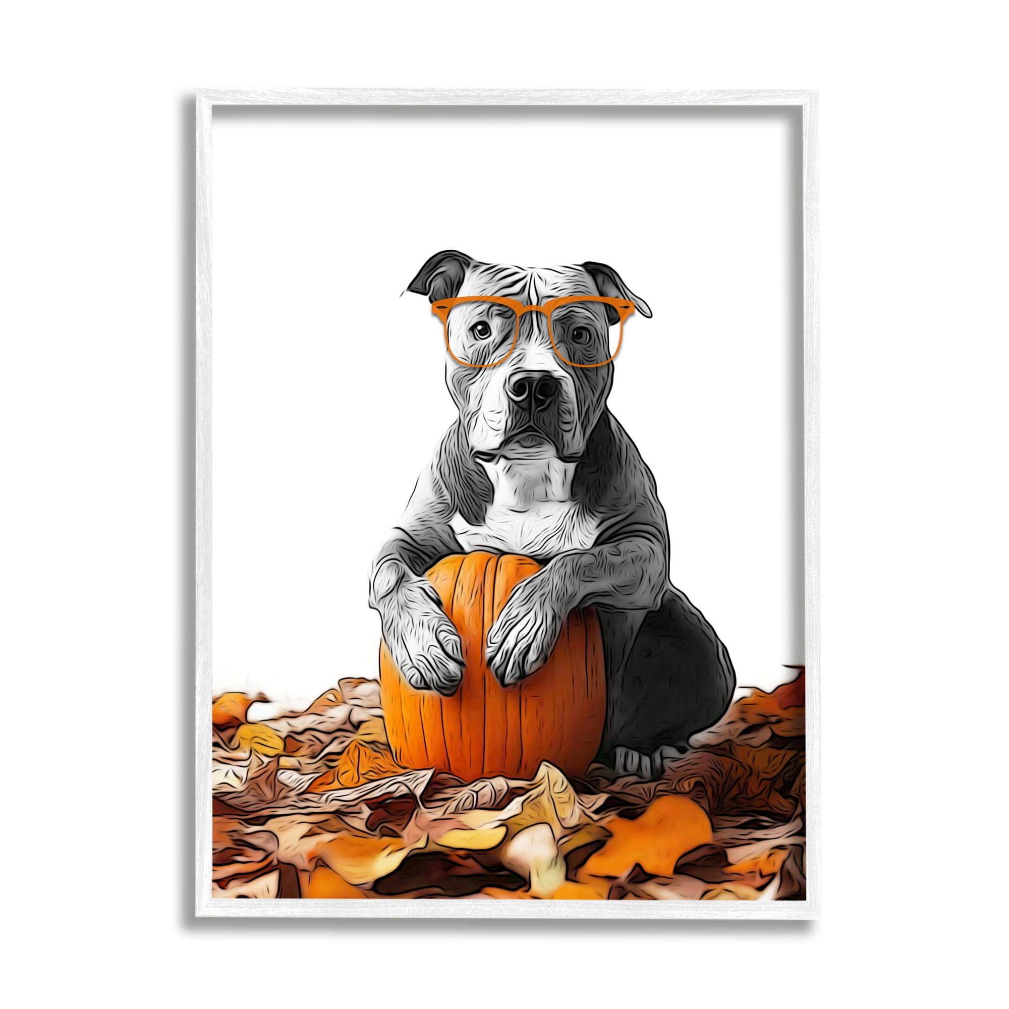 Stupell Industries Pit Bull Autumn Leaves Holiday Painting White Framed Art Print Wall Art, 24 x 30