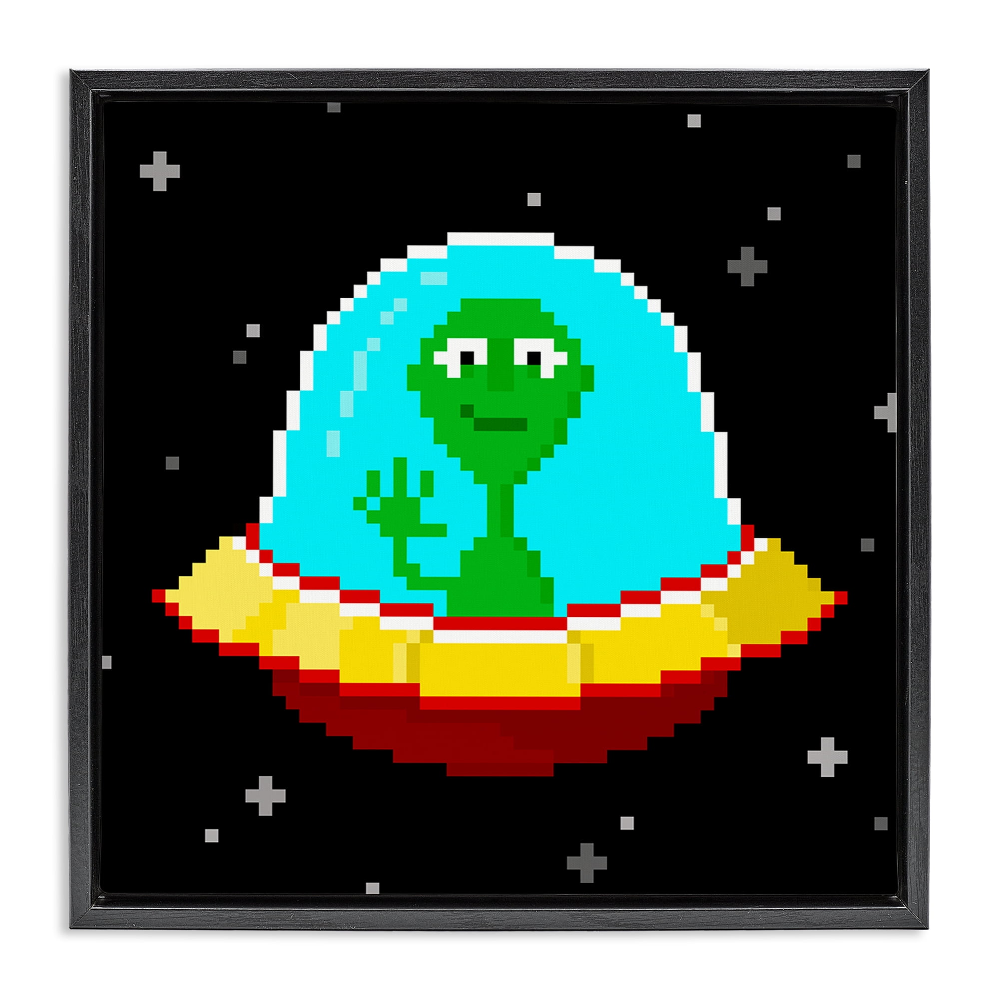 Stupell Industries Pixel Alien Spaceship Novelty & Humor Painting Black Floater Framed Canvas Art Print Wall Art, 18 x 18