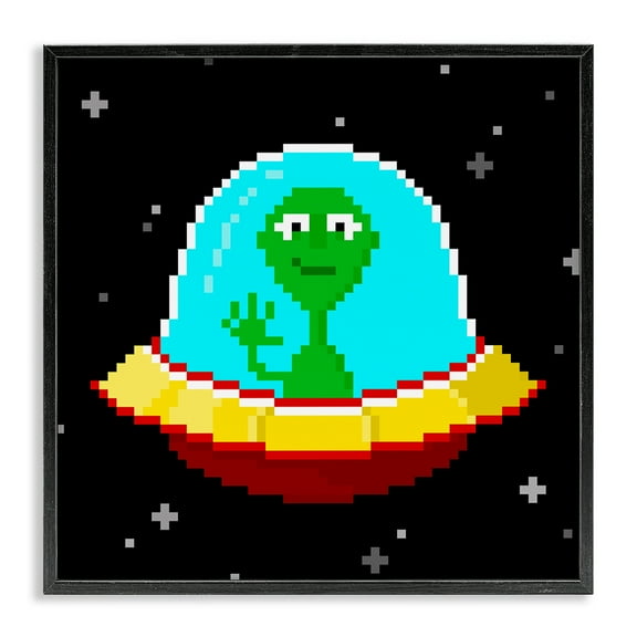 Stupell Industries Pixel Alien Spaceship Novelty & Humor Painting Black Framed Art Print Wall Art, 12 x 12