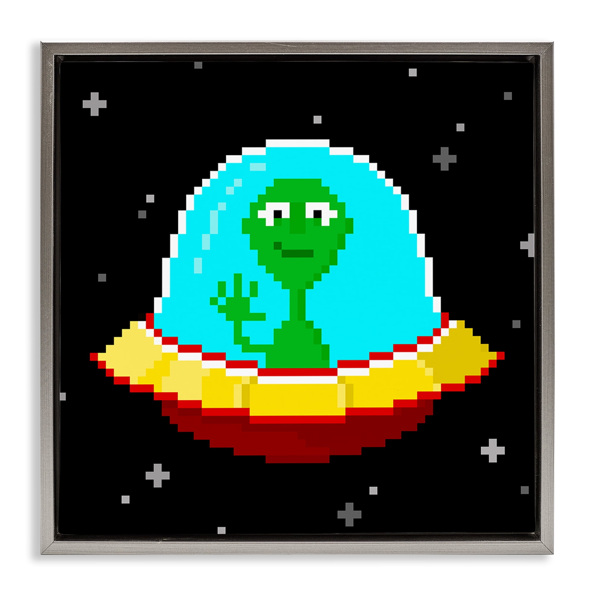 Stupell Industries Pixel Alien Spaceship Novelty & Humor Painting Gray Floater Framed Canvas Art Print Wall Art, 25 x 25