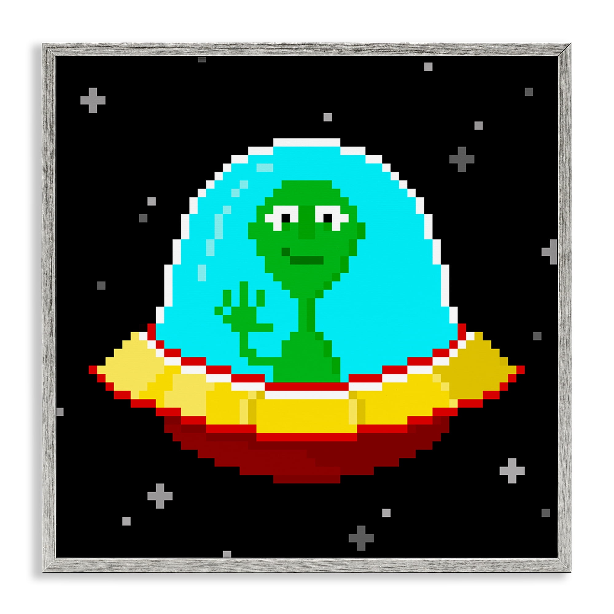 Stupell Industries Pixel Alien Spaceship Novelty & Humor Painting Gray Framed Art Print Wall Art, 12 x 12