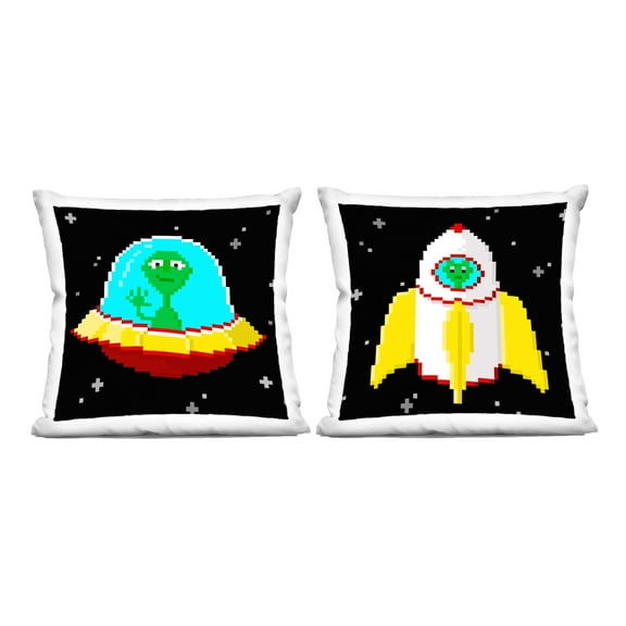 Stupell Industries Pixel Alien Spaceships 18" x 18" Fantasy & Sci-Fi Abstract Polyester Decorative Pillow Set, Zip Closure 2 Count