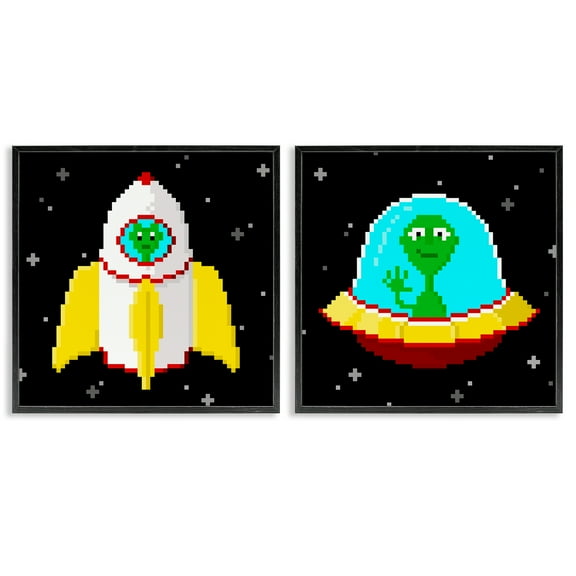 Stupell Industries Pixel Alien Spaceships Fantasy & Sci-Fi Painting Black Framed Art Print Wall Art, 12 x 12, Set of 2