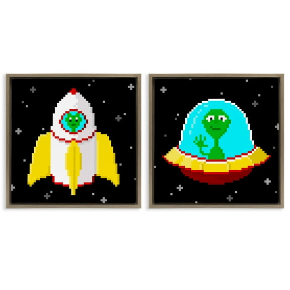 Stupell Industries Pixel Alien Spaceships Fantasy & Sci-Fi Painting Brown Floater Framed Canvas Art Print Wall Art, 18 x 18, Set of 2