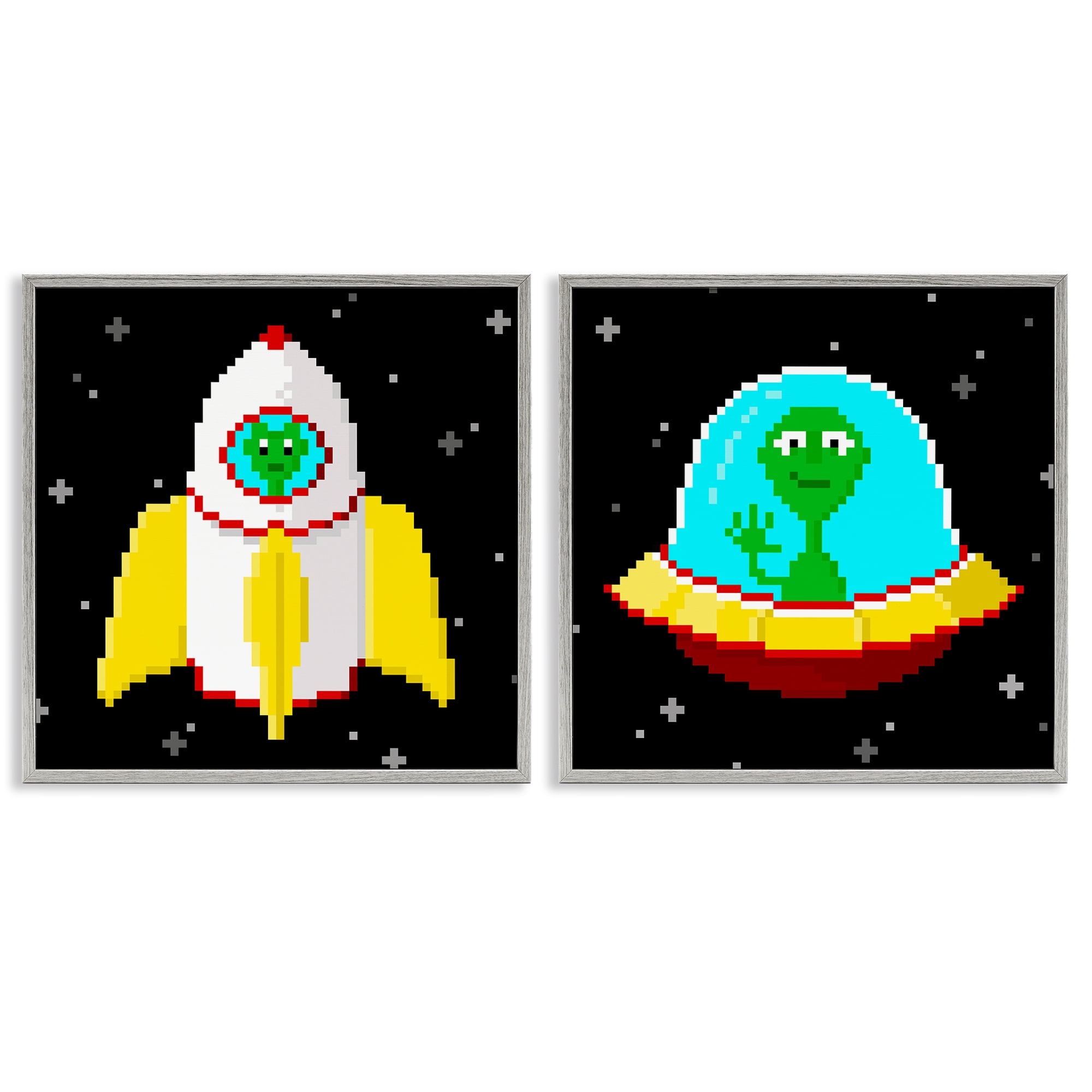 Stupell Industries Pixel Alien Spaceships Fantasy & Sci-Fi Painting Gray Framed Art Print Wall Art, 24 x 24, Set of 2