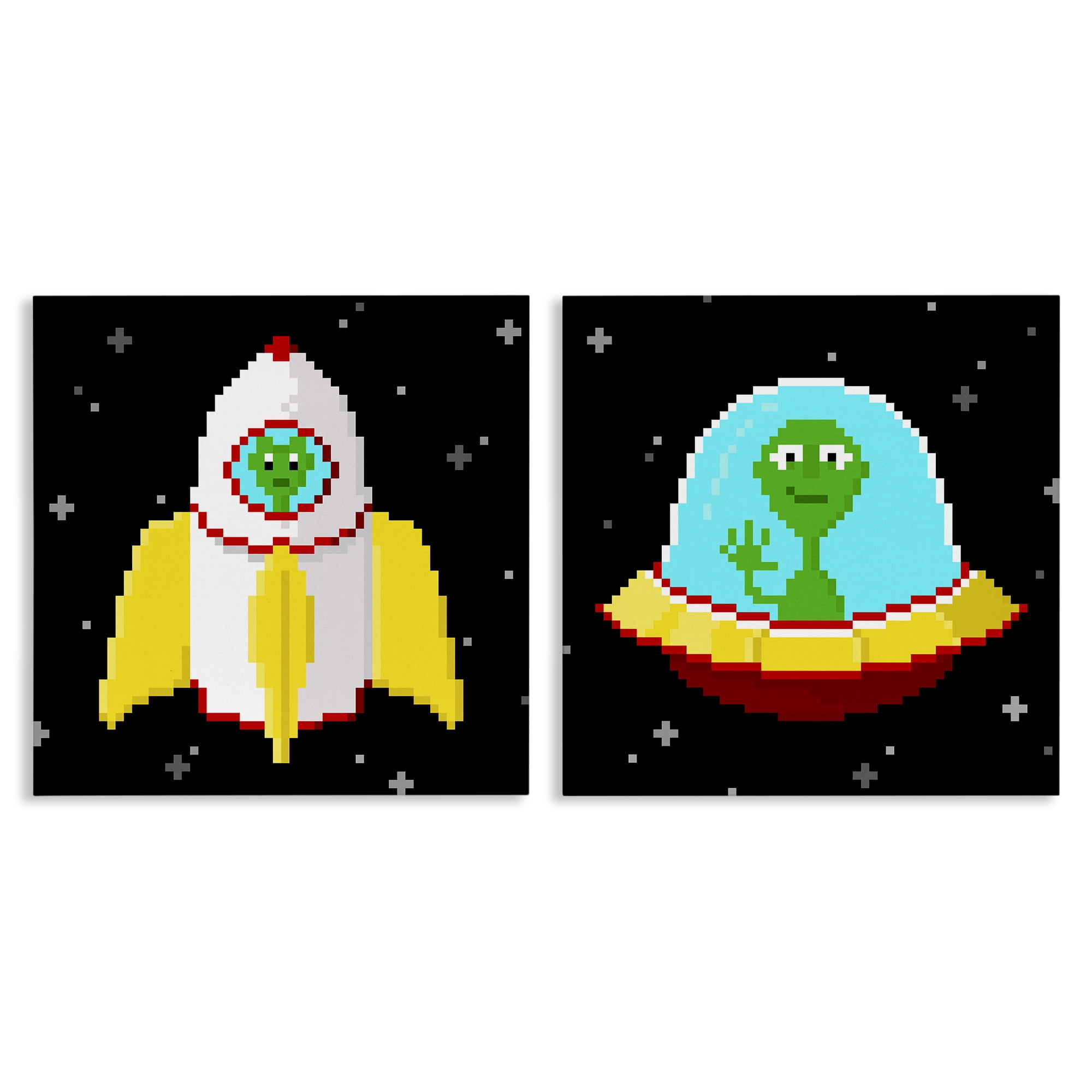 Stupell Industries Pixel Alien Spaceships Fantasy & Sci-Fi Painting Wrapped Canvas Art Print Wall Art, 17 x 17, Set of 2