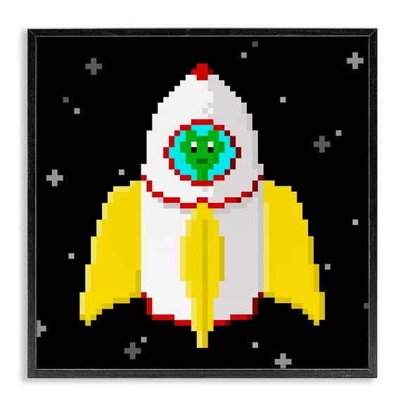 Stupell Industries Pixel Alien in Space Novelty & Humor Painting Black Framed Art Print Wall Art, 12 x 12