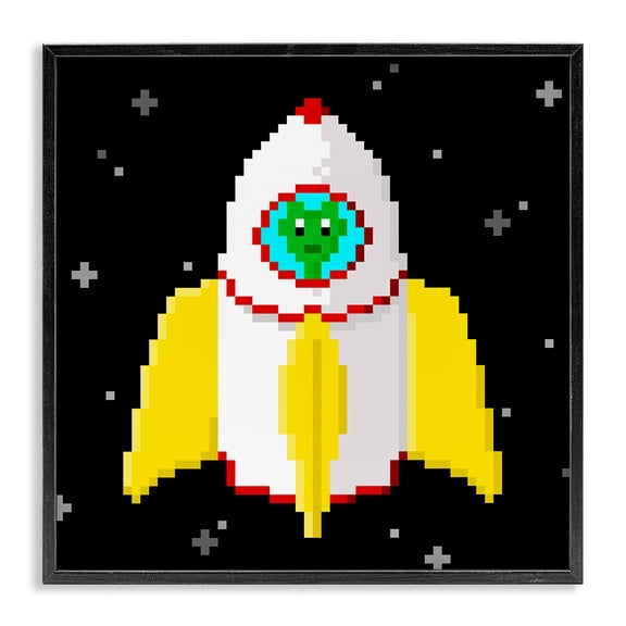 Stupell Industries Pixel Alien in Space Novelty & Humor Painting Black Framed Art Print Wall Art, 17 x 17