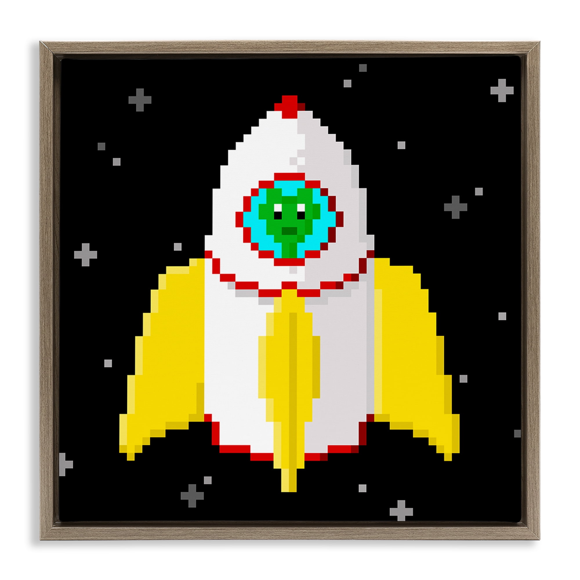 Stupell Industries Pixel Alien in Space Novelty & Humor Painting Brown Floater Framed Canvas Art Print Wall Art, 25 x 25