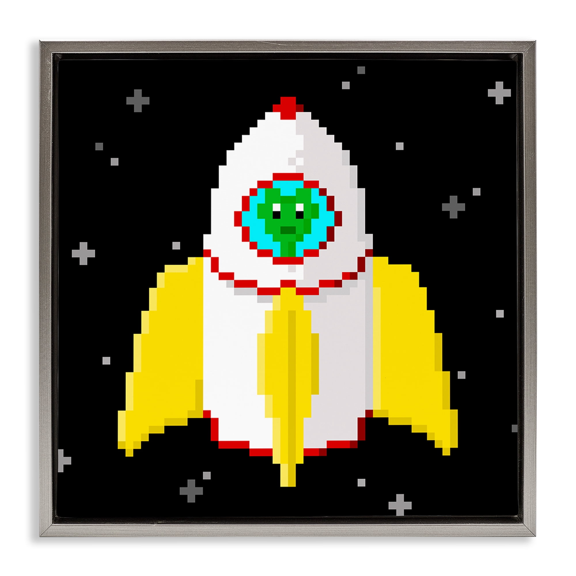 Stupell Industries Pixel Alien in Space Novelty & Humor Painting Gray Floater Framed Canvas Art Print Wall Art, 25 x 25