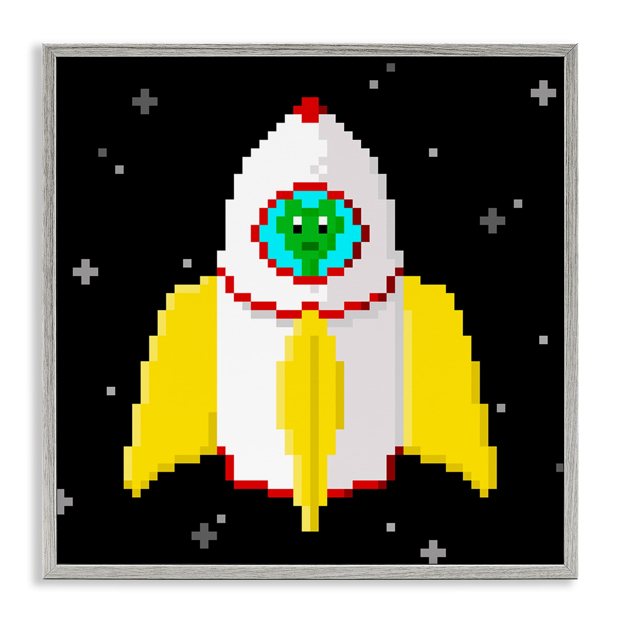 Stupell Industries Pixel Alien in Space Novelty & Humor Painting Gray Framed Art Print Wall Art, 12 x 12