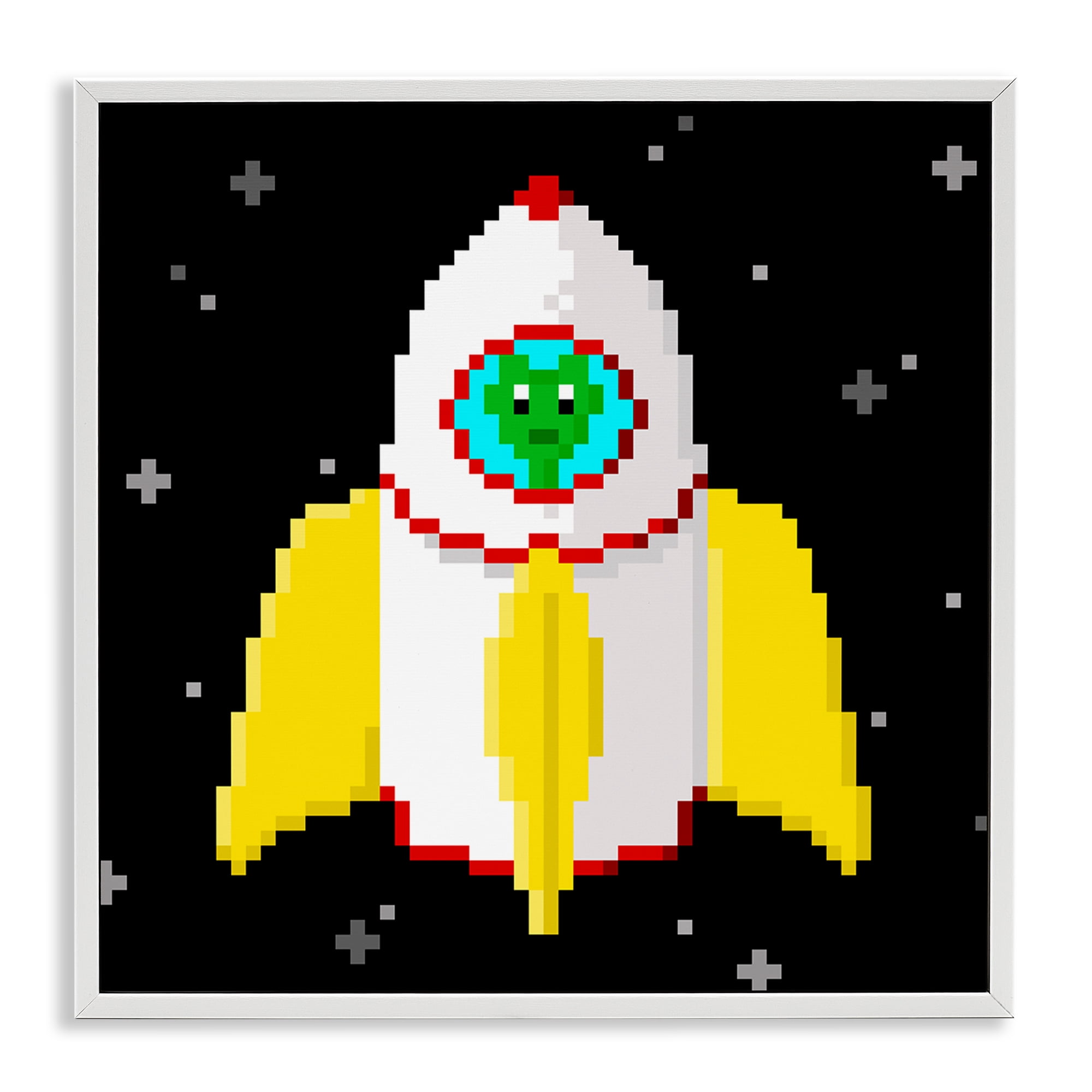 Stupell Industries Pixel Alien in Space Novelty & Humor Painting White Framed Art Print Wall Art, 24 x 24