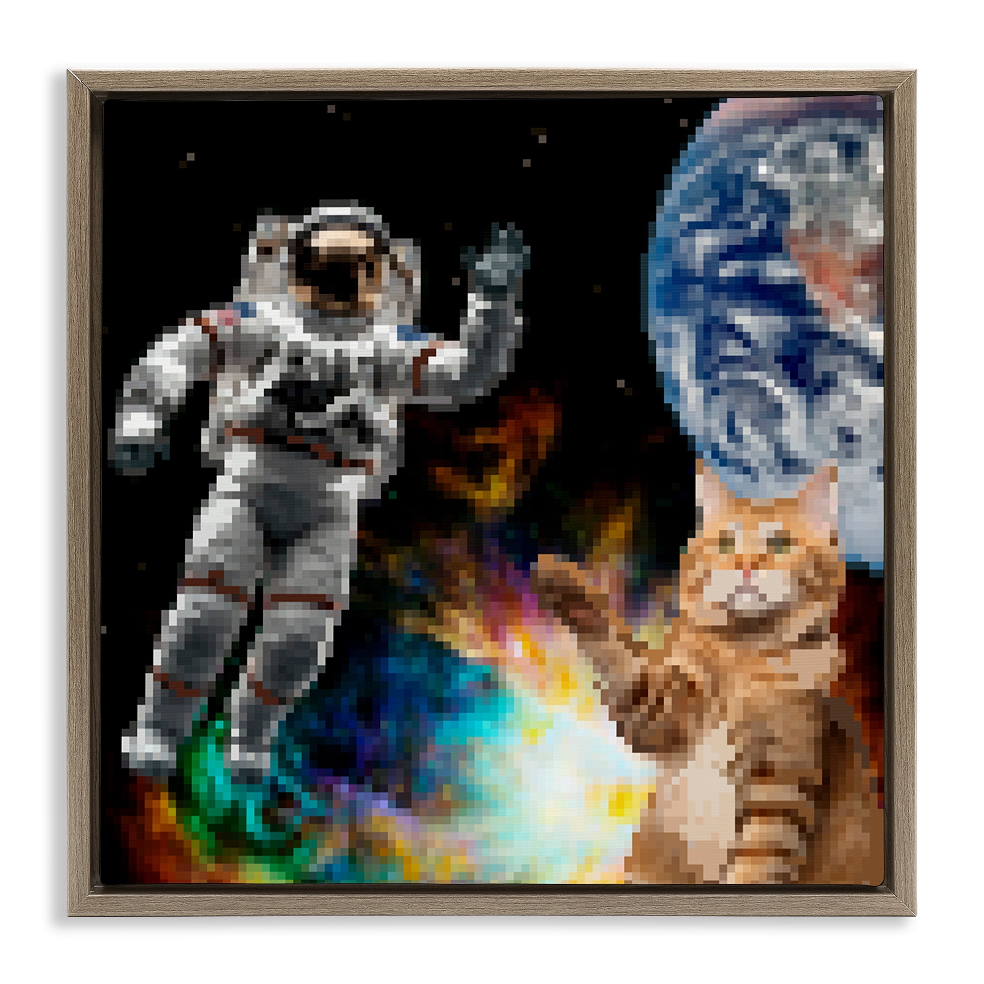 Stupell Industries Pixel Cat in Space Novelty & Humor Painting Brown Floater Framed Canvas Art Print Wall Art, 25 x 25