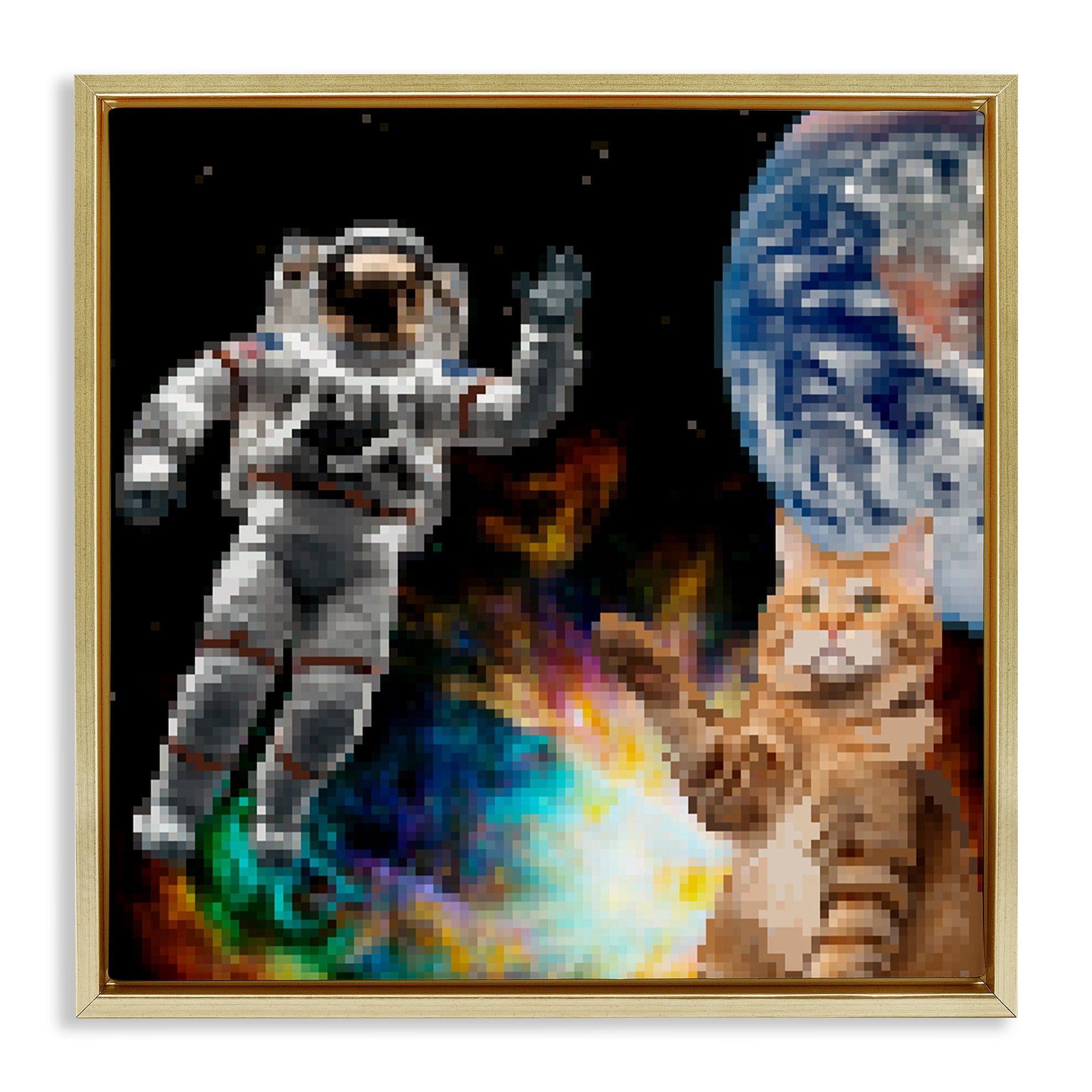 Stupell Industries Pixel Cat in Space Novelty & Humor Painting Gold Floater Framed Canvas Art Print Wall Art, 25 x 25
