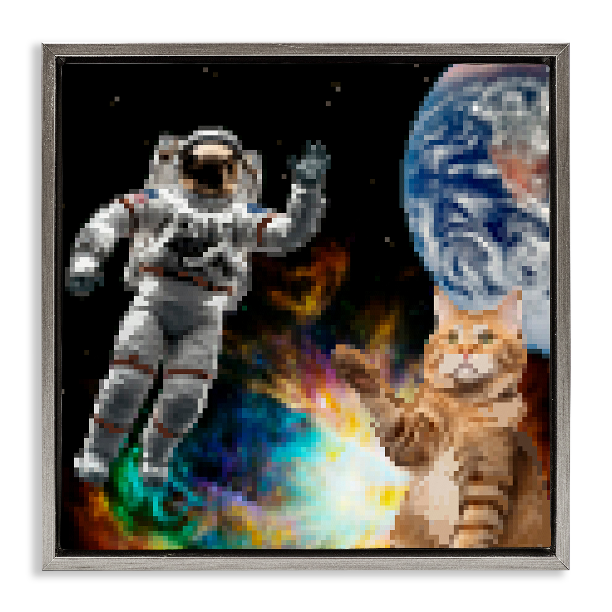 Stupell Industries Pixel Cat in Space Novelty & Humor Painting Gray Floater Framed Canvas Art Print Wall Art, 25 x 25