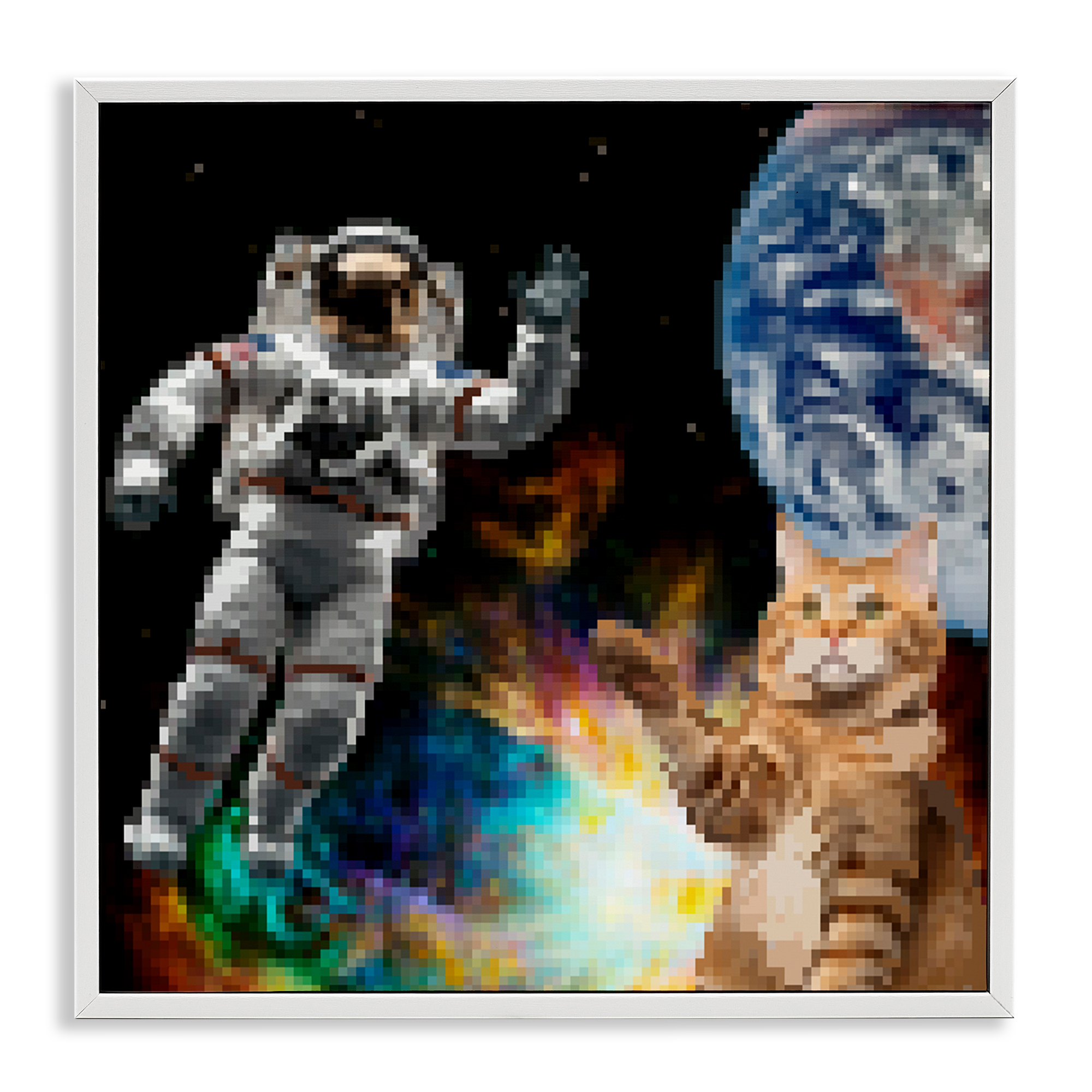 Stupell Industries Pixel Cat in Space Novelty & Humor Painting White Framed Art Print Wall Art, 17 x 17