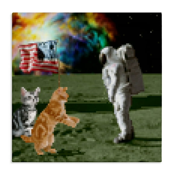 Stupell Industries Pixel Cats & Astronaut Novelty & Humor Painting Wrapped Canvas Art Print Wall Art, 17 x 17