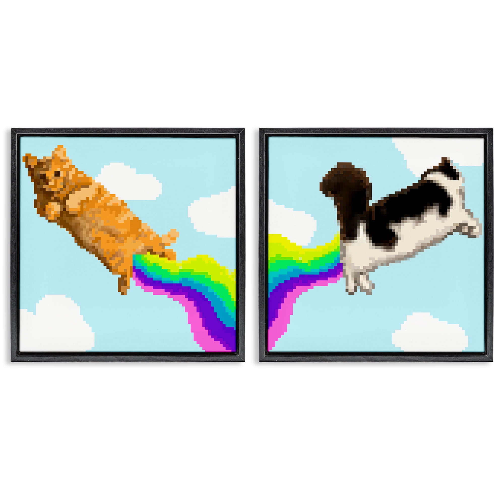 Stupell Industries Pixel Cats with Rainbows Animals Painting Black Floater Framed Canvas Art Print Wall Art, 18 x 18, Set of 2