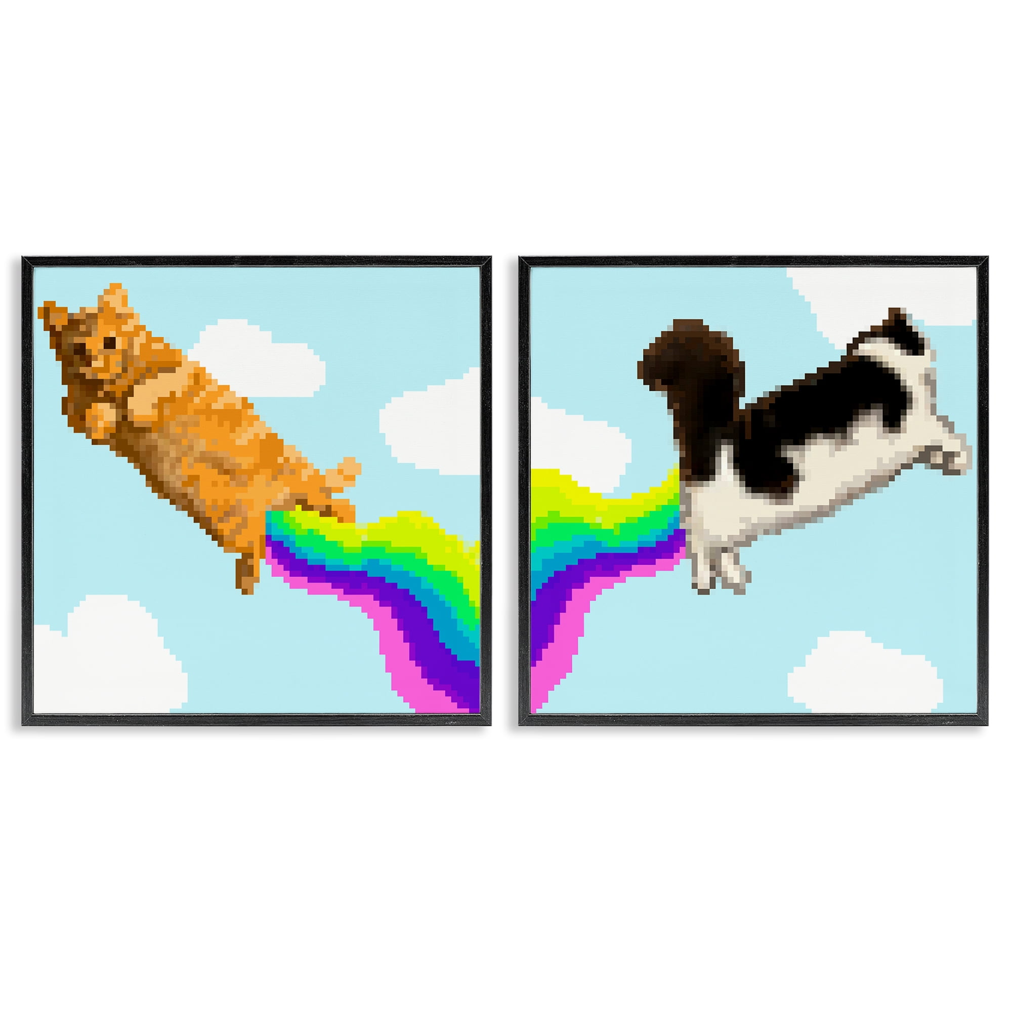 Stupell Industries Pixel Cats with Rainbows Animals Painting Black Framed Art Print Wall Art, 24 x 24, Set of 2