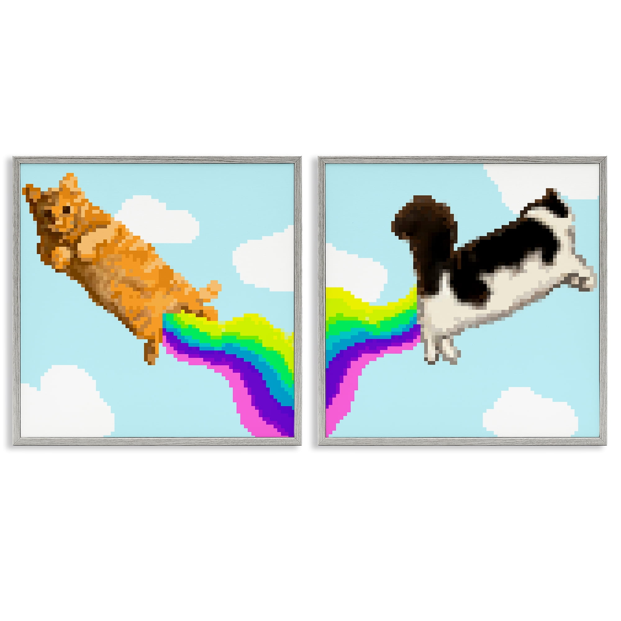 Stupell Industries Pixel Cats with Rainbows Animals Painting Gray Framed Art Print Wall Art, 24 x 24, Set of 2