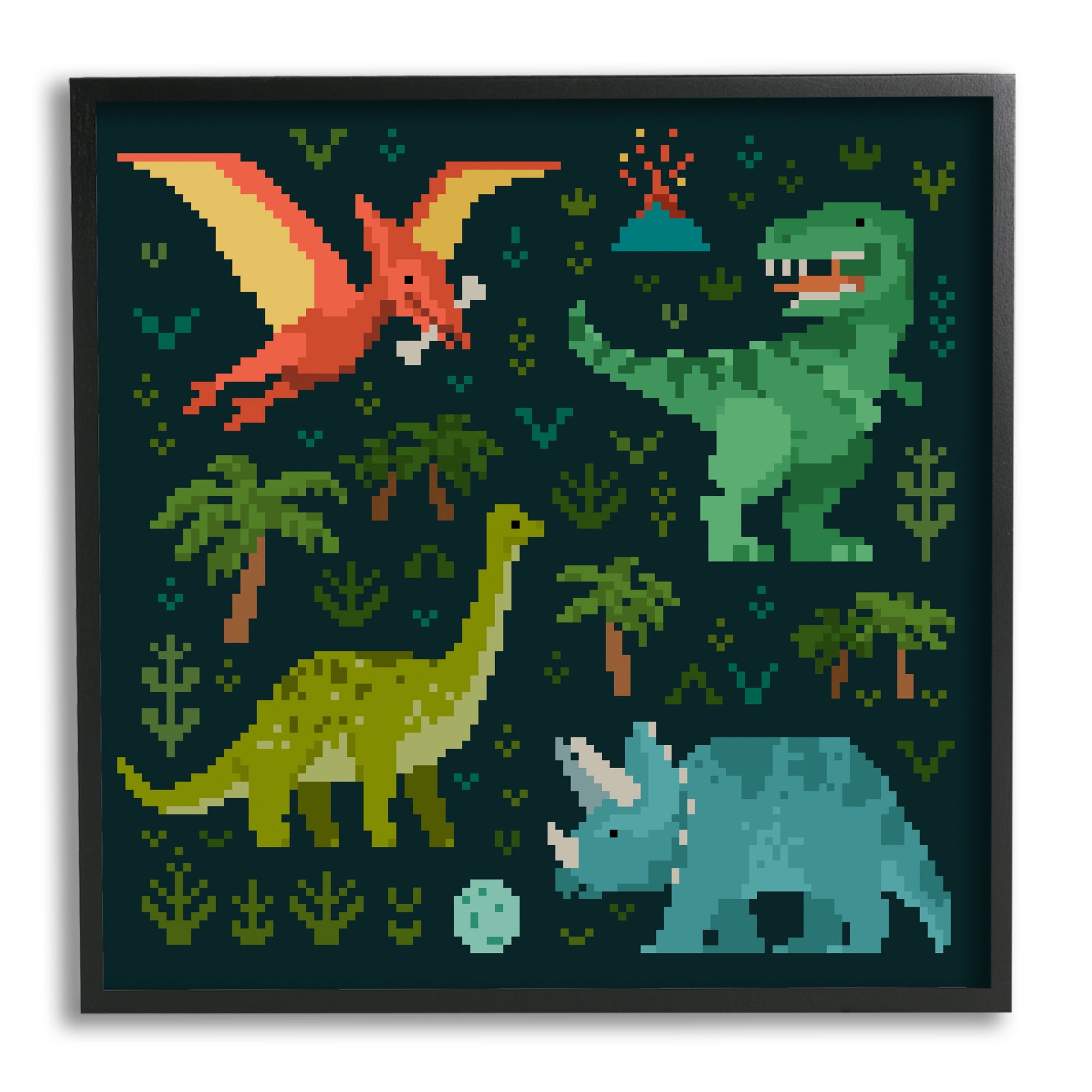Stupell Industries Pixel Dinosaurs Wildlife Animals & Insects Painting Black Framed Art Print Wall Art, 17 x 17