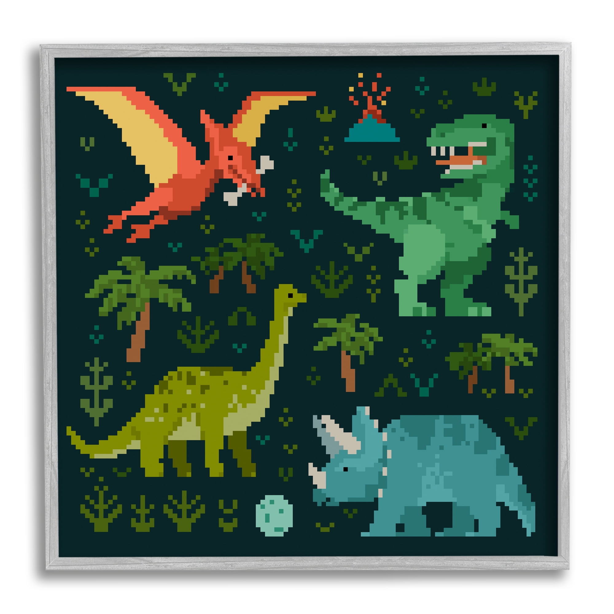 Stupell Industries Pixel Dinosaurs Wildlife Animals & Insects Painting Gray Framed Art Print Wall Art, 24 x 24