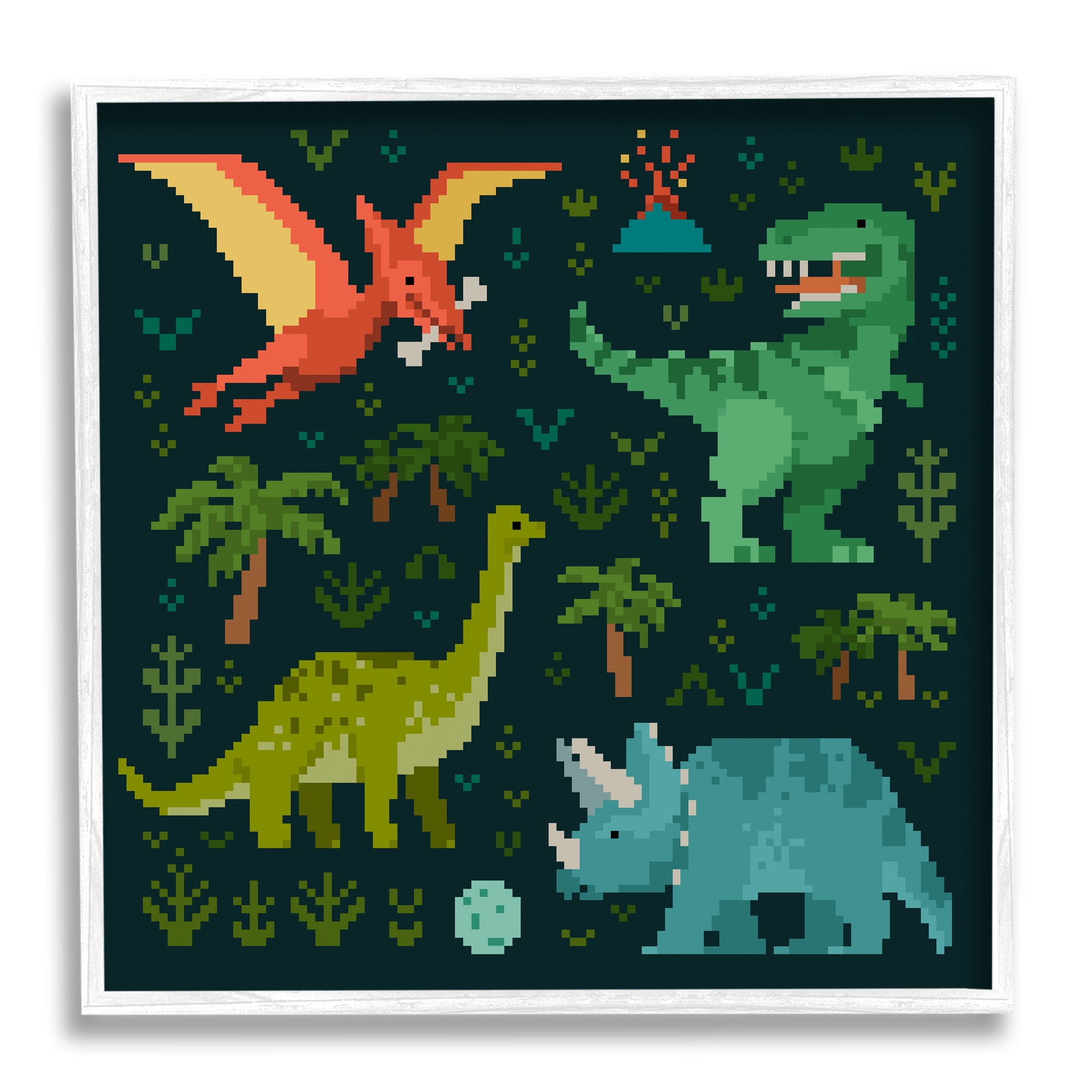 Stupell Industries Pixel Dinosaurs Wildlife Animals & Insects Painting White Framed Art Print Wall Art, 12 x 12