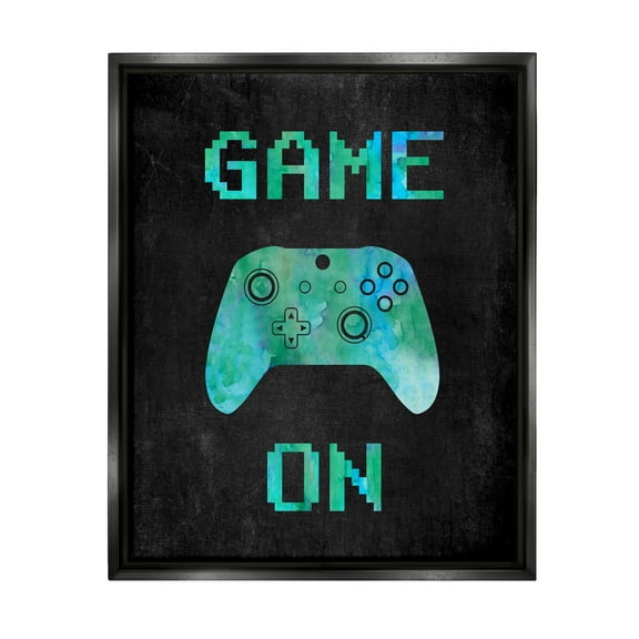 Stupell Industries Pixel Game On Controller Art for Kids Painting Black Floater Framed Canvas Art Print Wall Art, 17 x 21