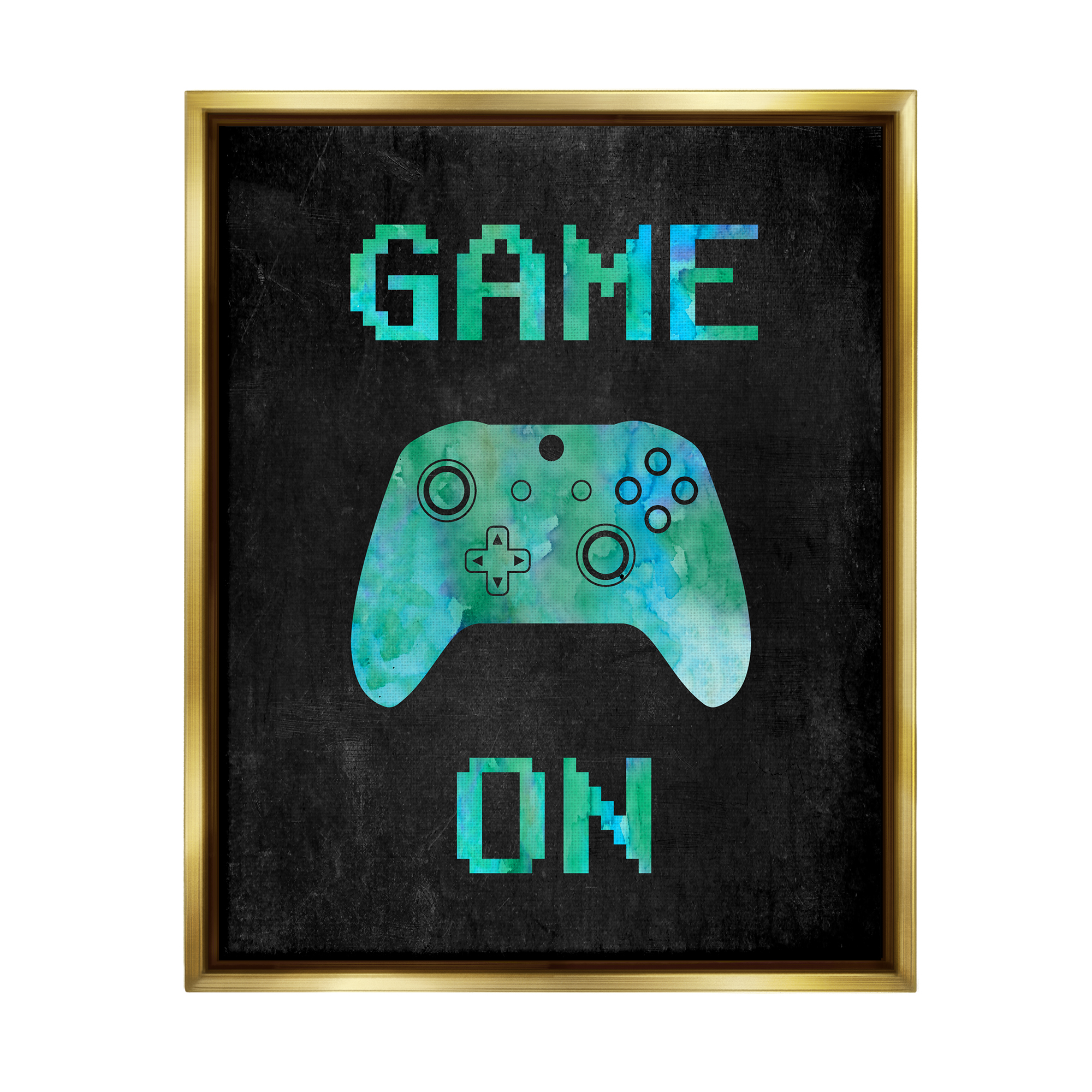 Stupell Industries Pixel Game On Controller Art for Kids Painting Gold Floater Framed Canvas Art Print Wall Art, 25 x 31