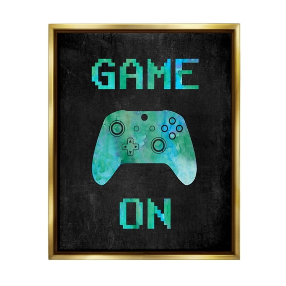 Stupell Industries Pixel Game On Controller Art for Kids Painting Gold Floater Framed Canvas Art Print Wall Art, 25 x 31