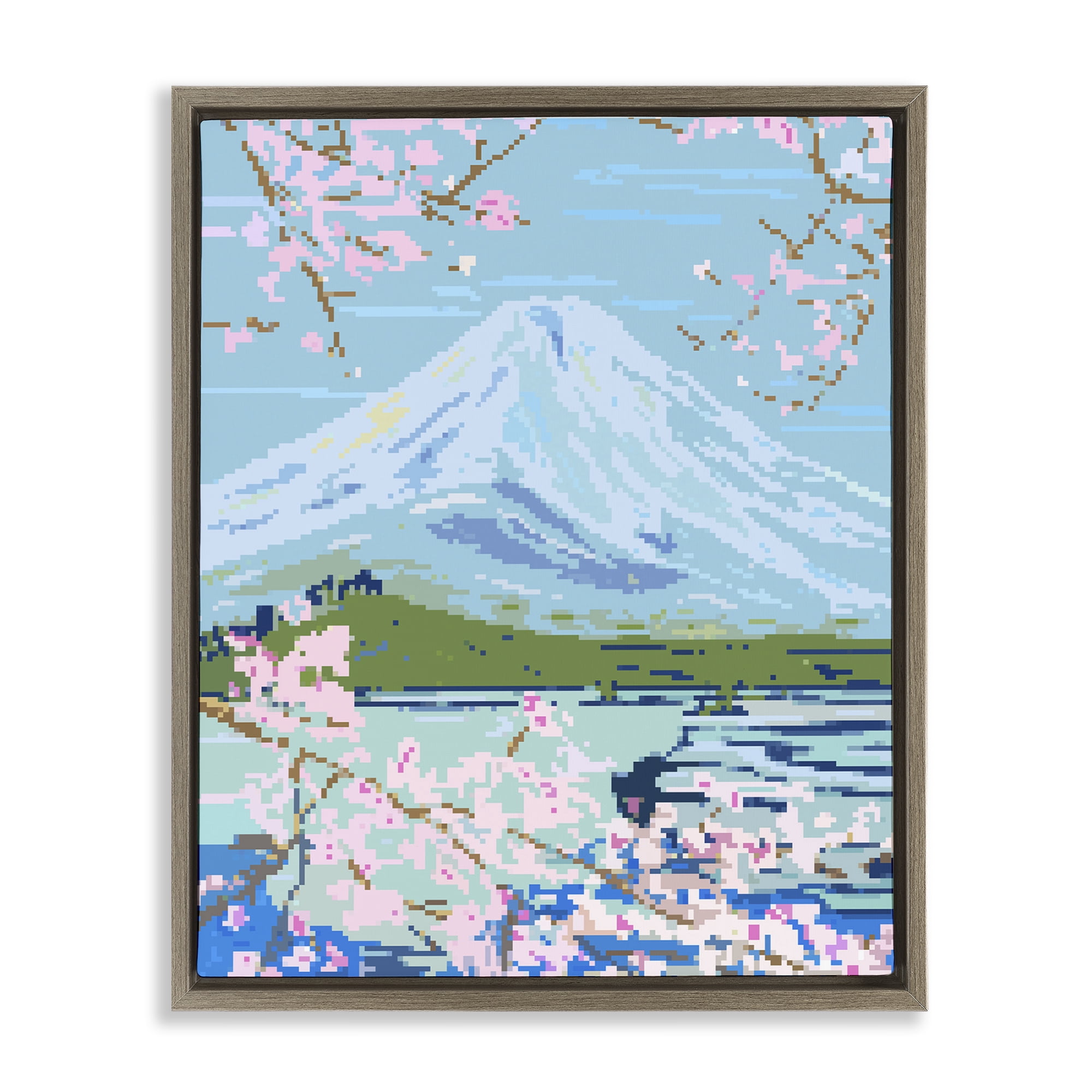 Stupell Industries Pixel Mount Fuji Landscape Painting Brown Floater Framed Art Print Wall Art, 25 x 31