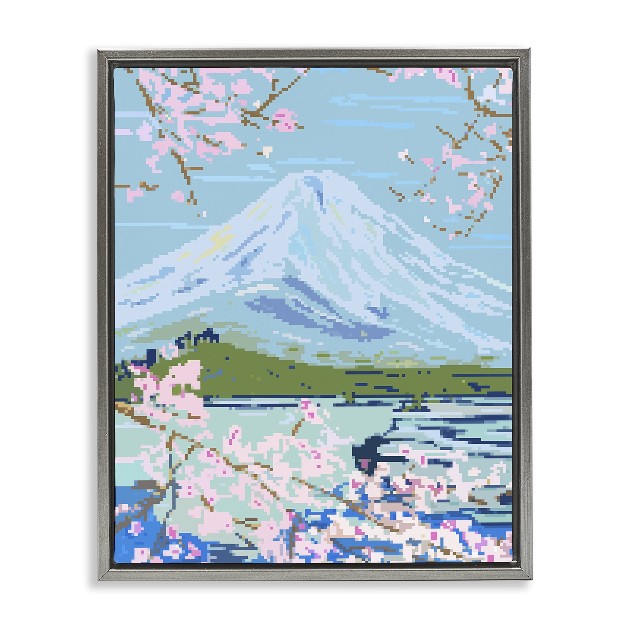 Stupell Industries Pixel Mount Fuji Landscape Painting Gray Floater Framed Art Print Wall Art, 25 x 31