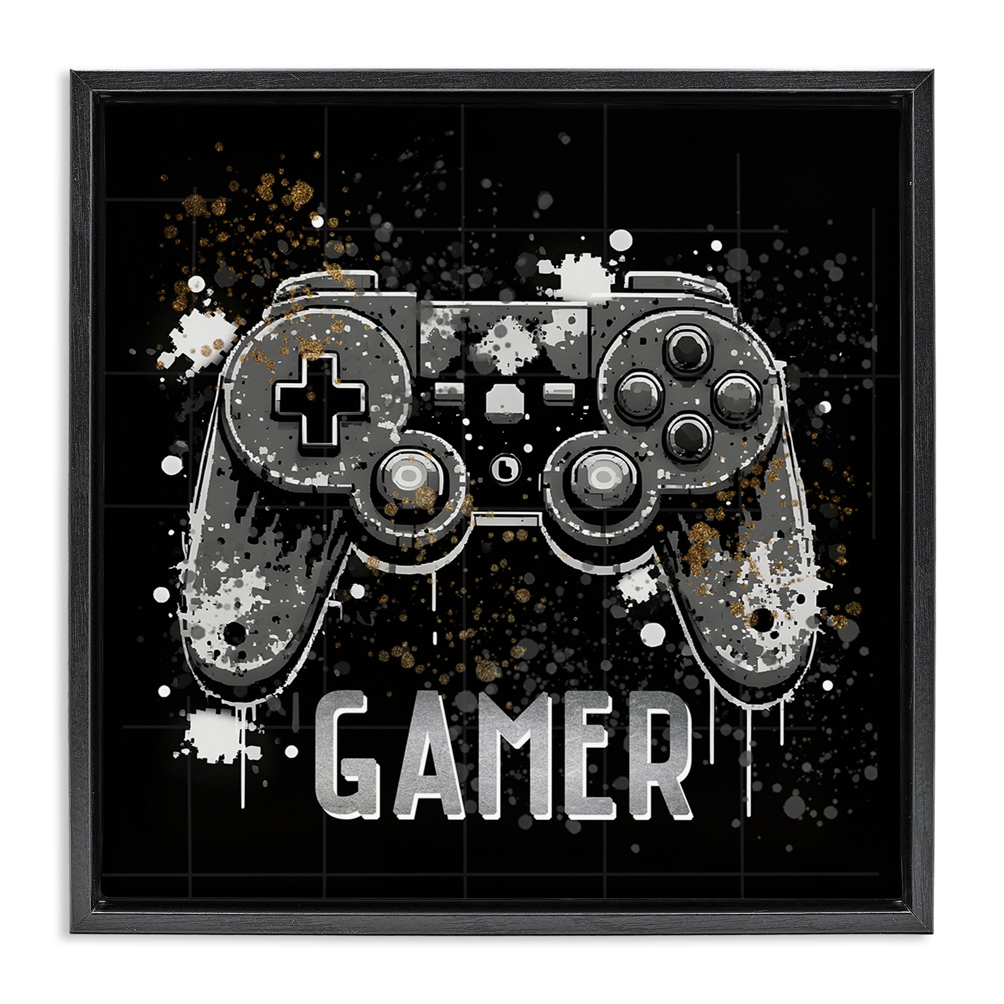 Stupell Industries Pixel Style Gamer Entertainment Painting Black Floater Framed Canvas Art Print Wall Art, 18 x 18