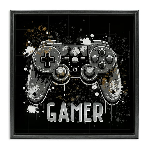 Stupell Industries Pixel Style Gamer Entertainment Painting Black Floater Framed Canvas Art Print Wall Art, 25 x 25