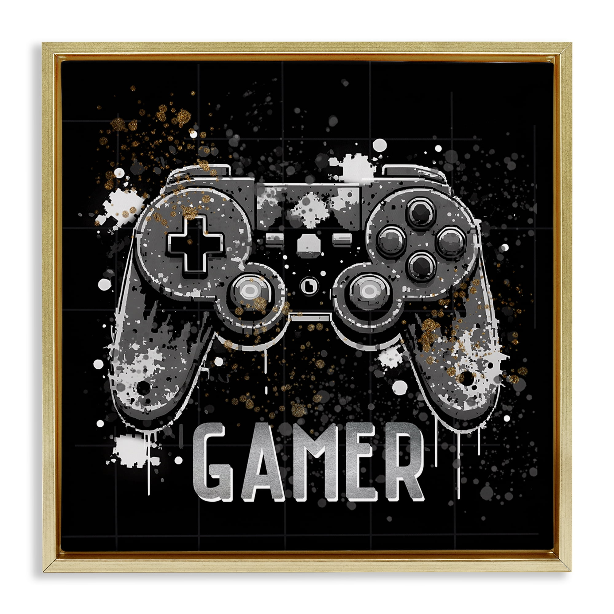 Stupell Industries Pixel Style Gamer Entertainment Painting Gold Floater Framed Canvas Art Print Wall Art, 25 x 25