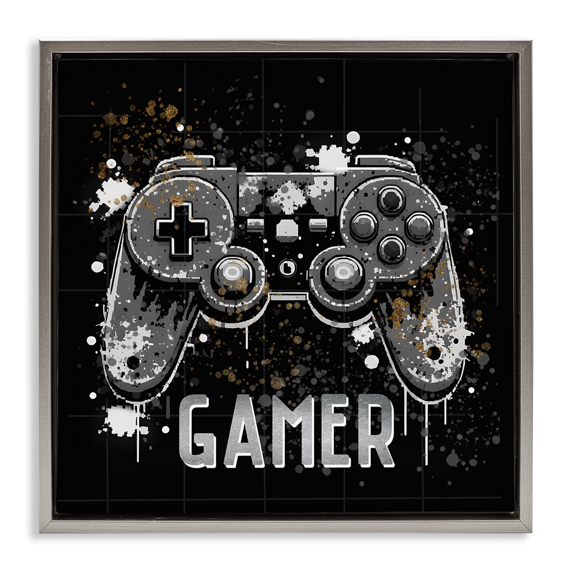 Stupell Industries Pixel Style Gamer Entertainment Painting Gray Floater Framed Canvas Art Print Wall Art, 25 x 25