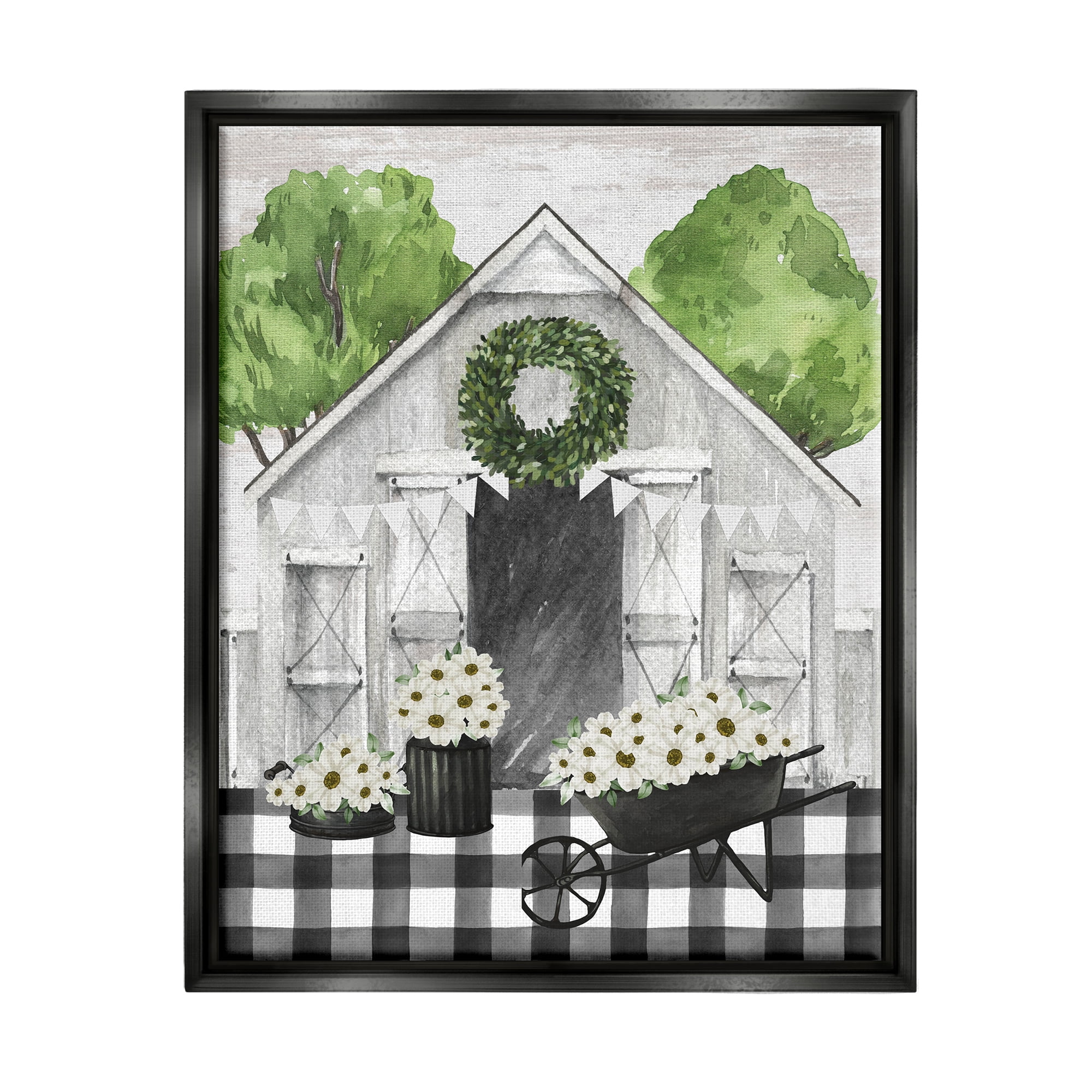 Stupell Industries Plaid Barn with Floral Wagon Botanical & Floral Painting Black Floater Framed Canvas Art Print Wall Art, 25 x 31