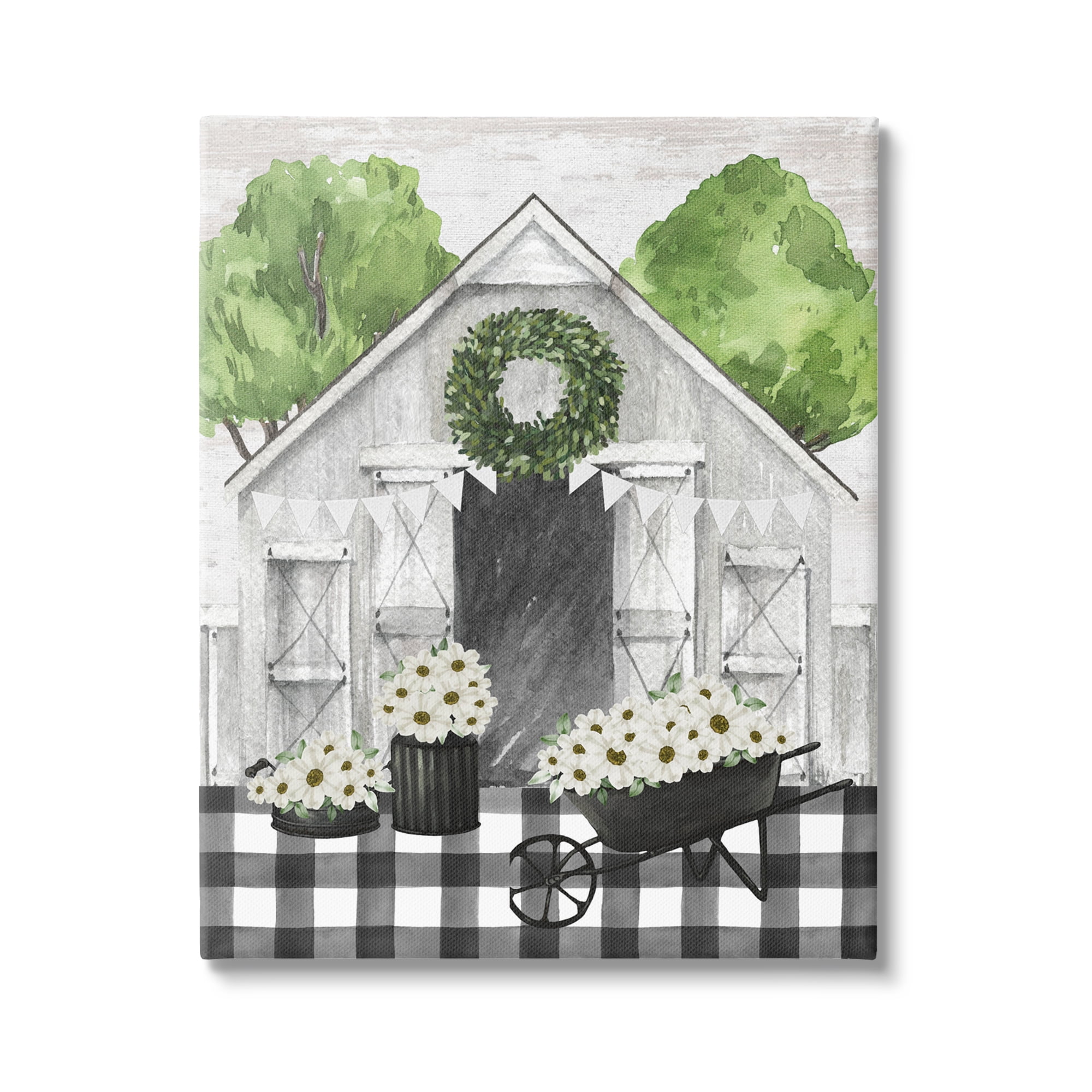 Stupell Industries Plaid Barn with Floral Wagon Botanical & Floral Painting Gallery Wrapped Canvas Art Print Wall Art, 36 x 48
