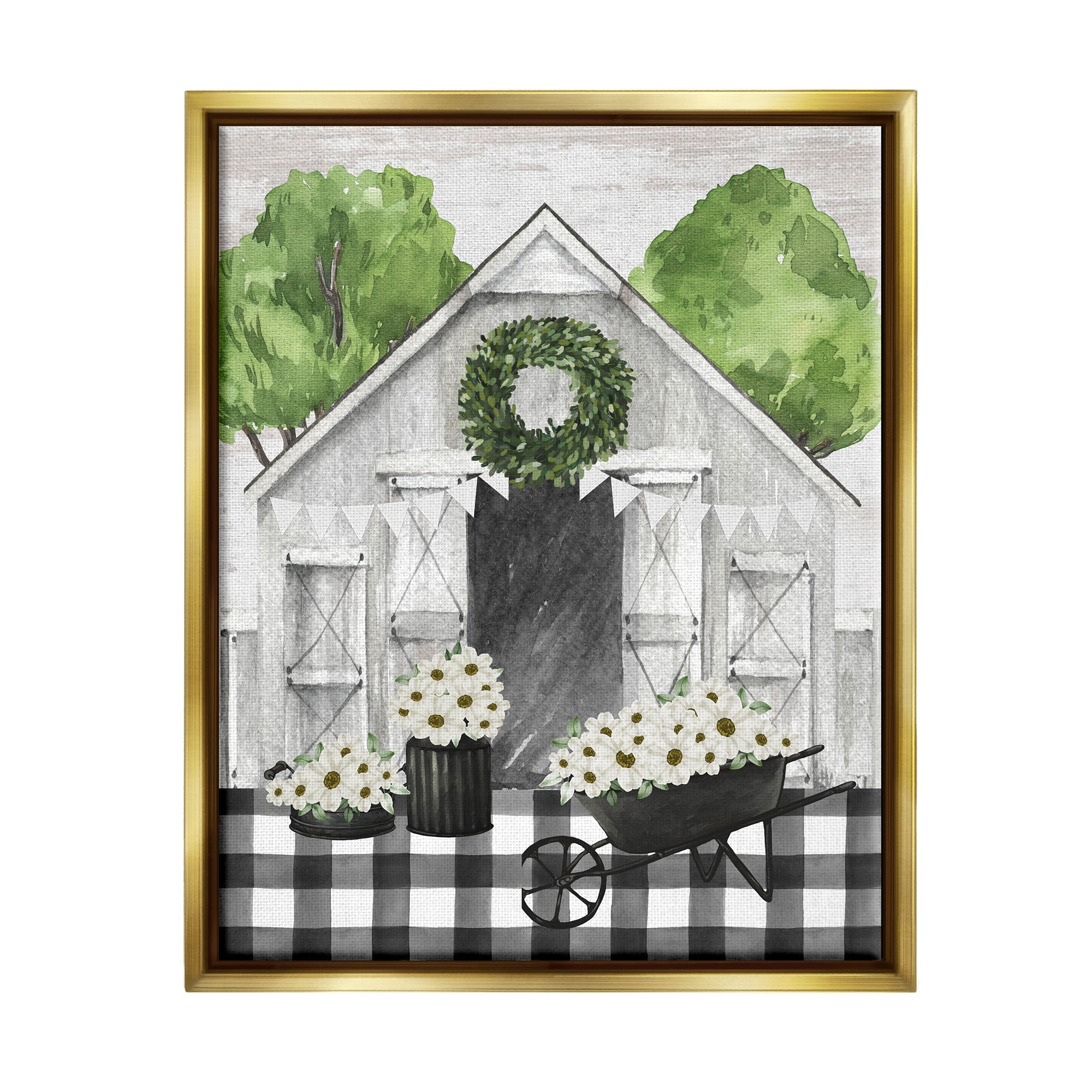 Stupell Industries Plaid Barn with Floral Wagon Botanical & Floral Painting Gold Floater Framed Canvas Art Print Wall Art, 25 x 31